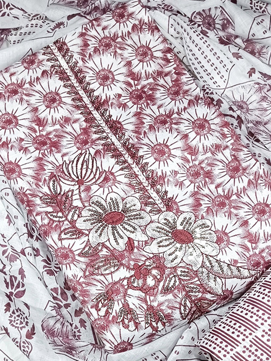 

KALINI Floral Embroidered Pure Cotton Unstitched Dress Material, White