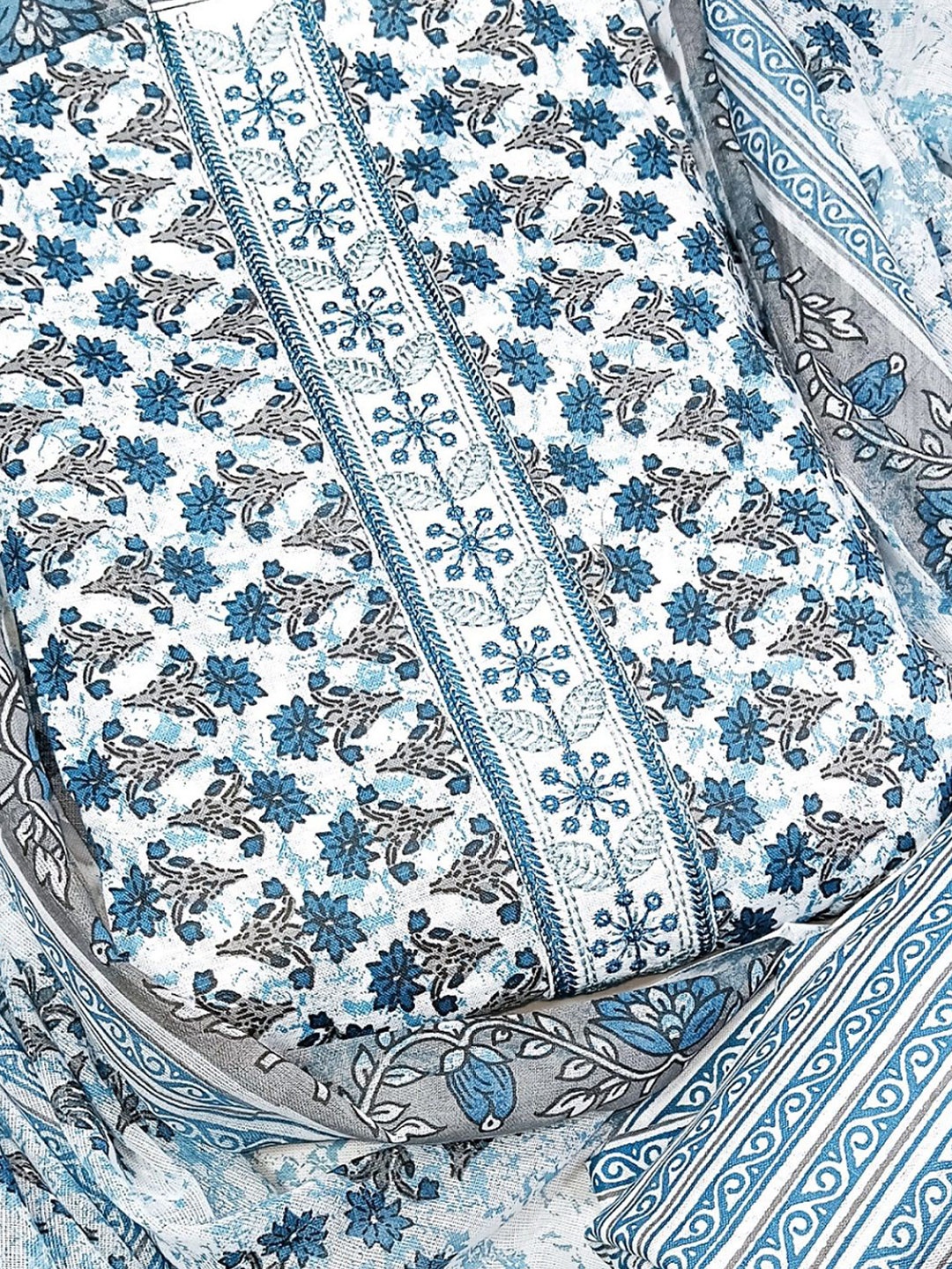 

KALINI Embroidered Pure Cotton Unstitched Dress Material, Blue