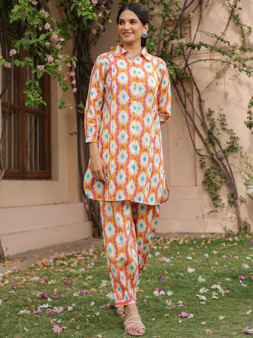 

SAVI Printed Pure Cotton Shirt Collar Tunic With Salwar, Pink
