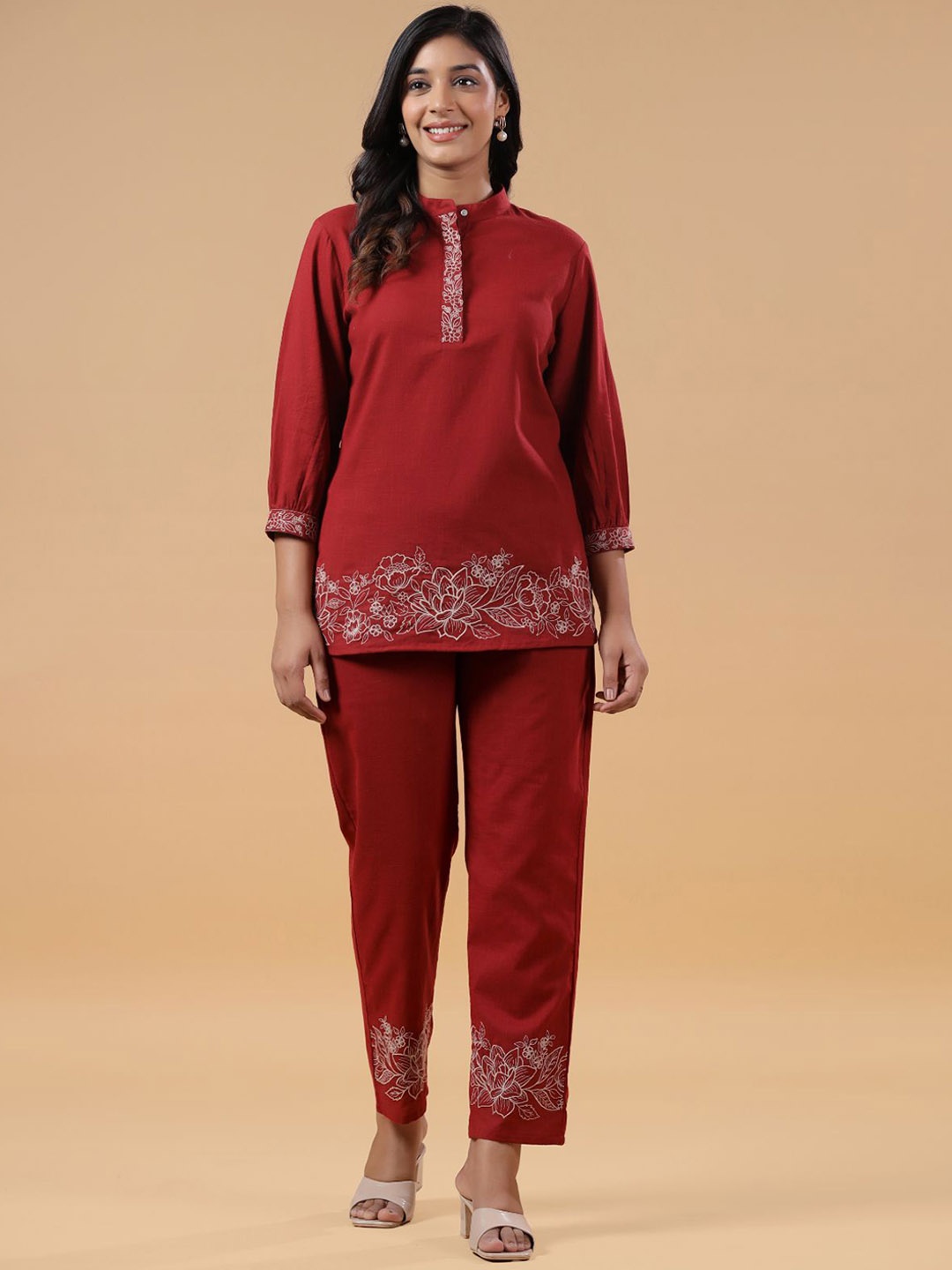 

SAVI Floral Embroidered Mandarin Collar Pure Cotton Top With Trousers, Rust