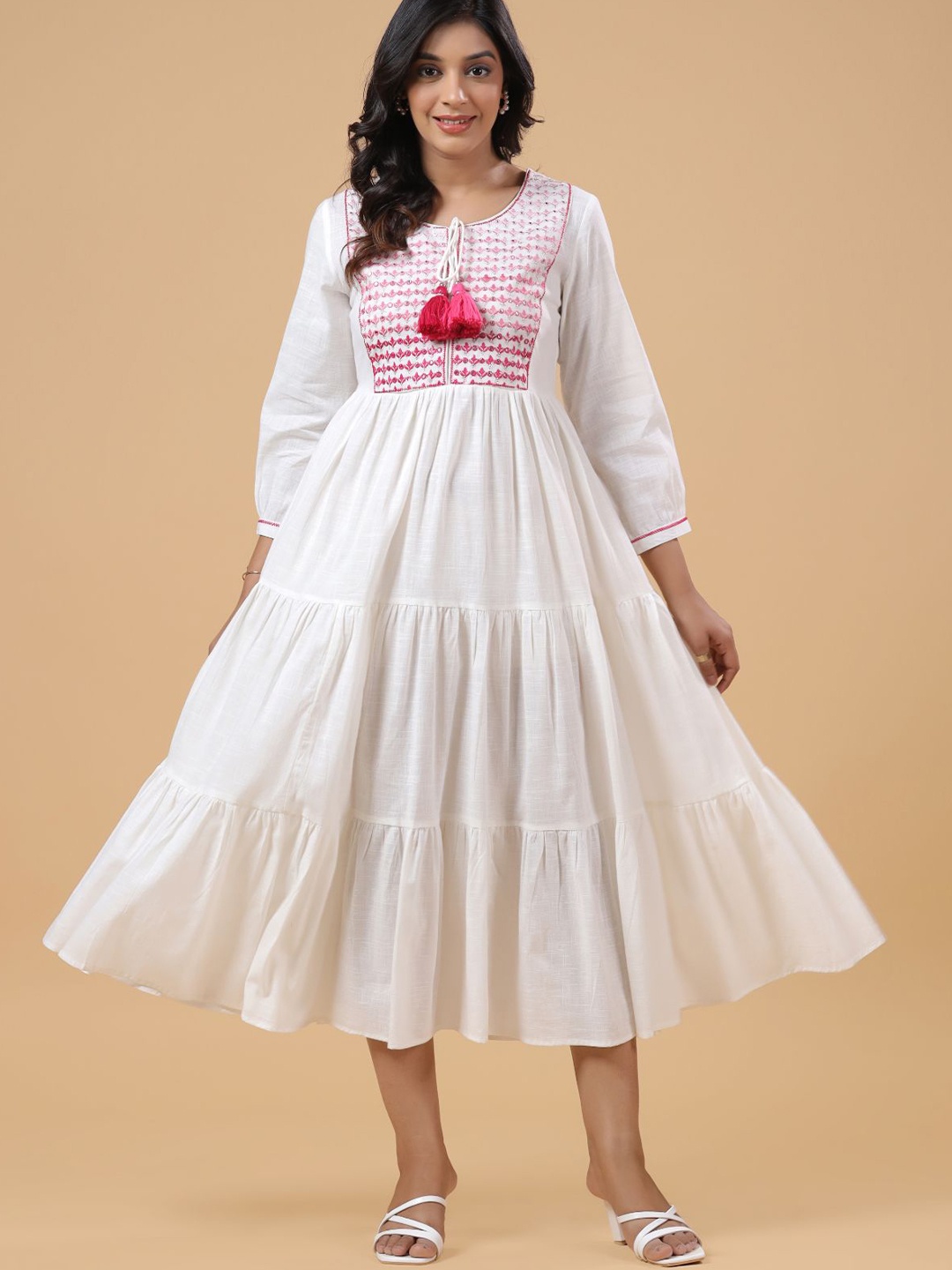 

SAVI Geometric Embroidered Tie-Up Neck Embellished Tiered Pure Cotton A-Line Midi Dress, White