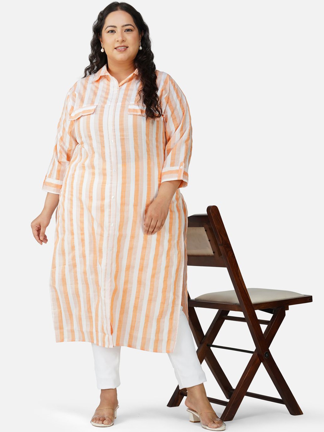 

AnjuShree Choice Plus Size Striped Roll-Up Sleeves Cotton Straight Kurta, Orange