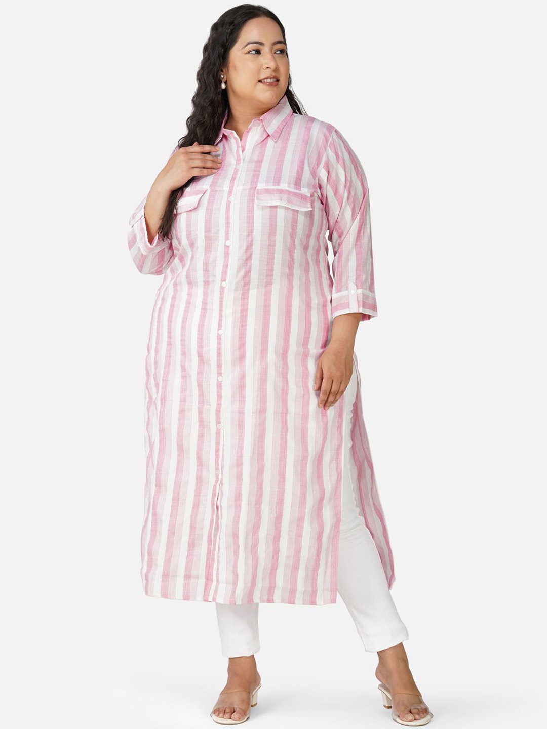 

AnjuShree Choice Plus size Striped Cotton Straight Kurta, Pink