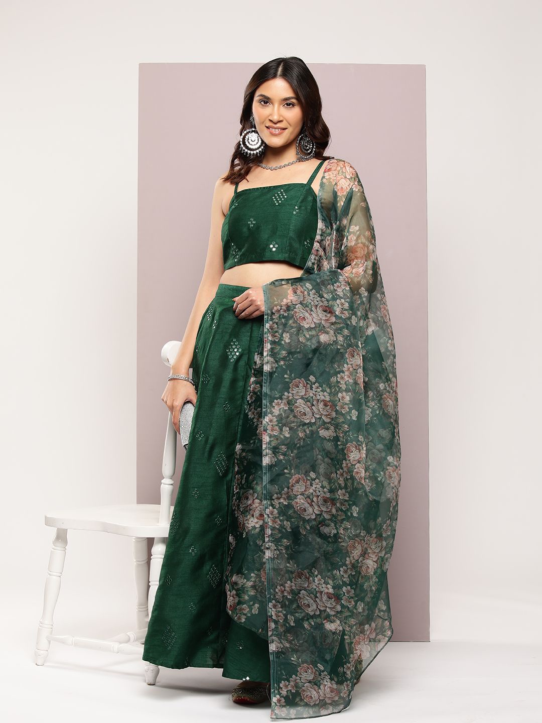 

Jompers Embroidered Mirror Work Ready to Wear Lehenga & Blouse With Dupatta, Green