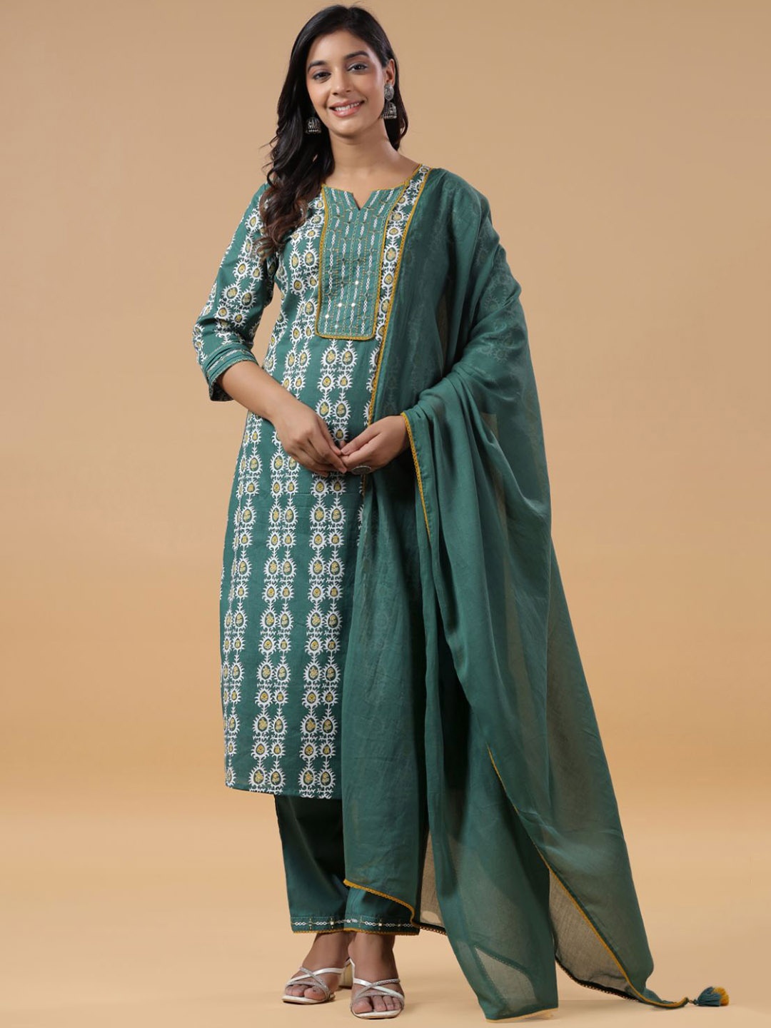 

SAVI Ethnic Motifs Printed Pure Cotton Straight Kurta with Trousers & Dupatta, Green