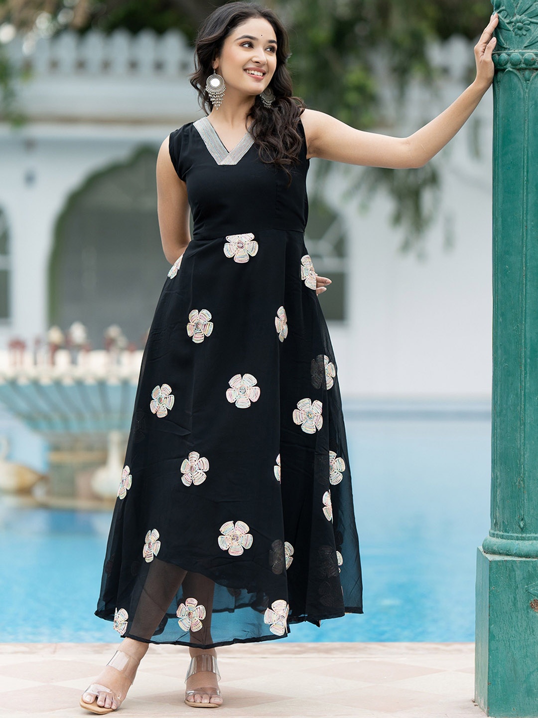 

ASPORA Floral Embellished V-Neck Georgette Fit & Flare Maxi Ethnic Dress, Black