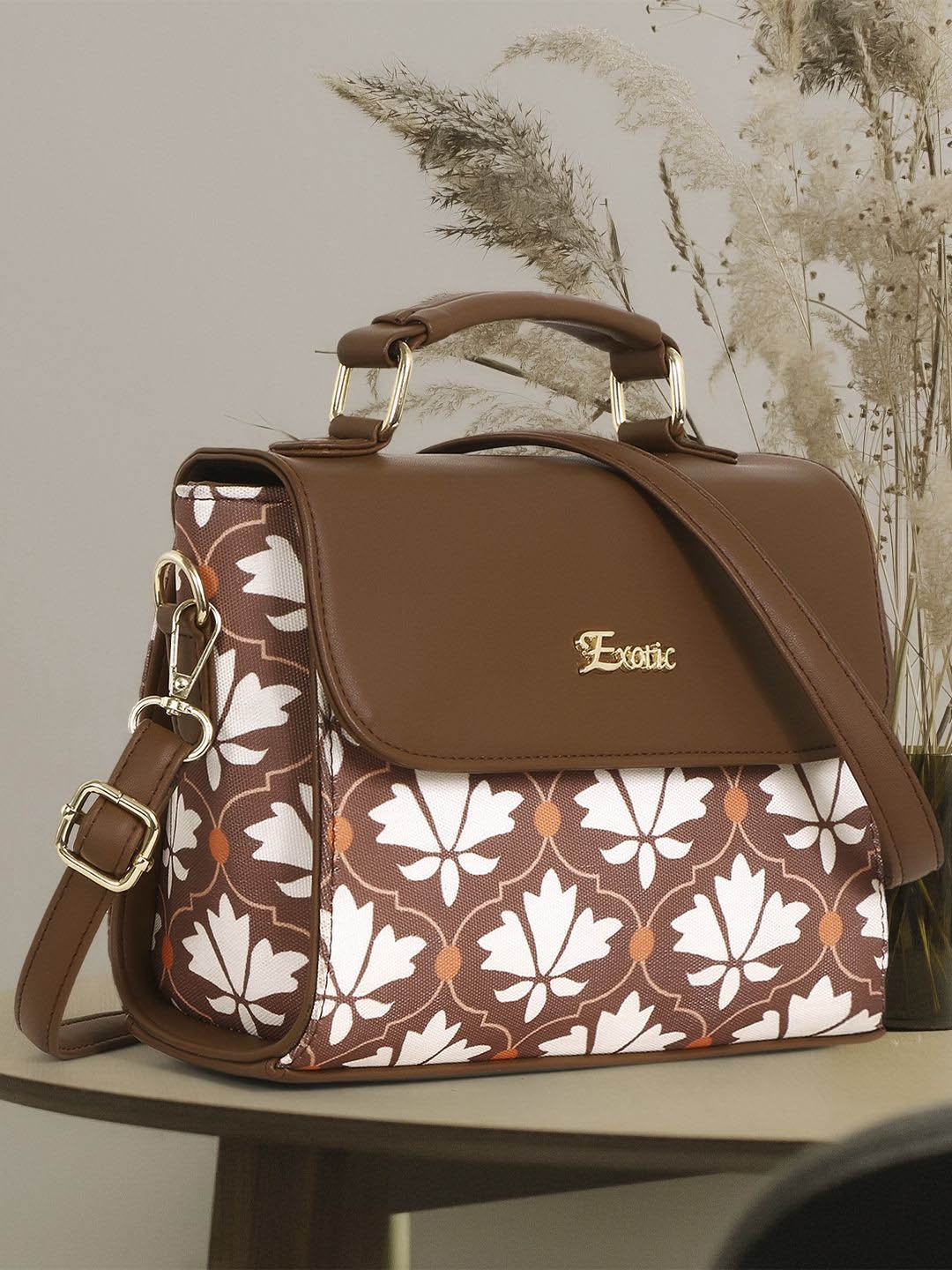 

Exotic Women Printed PU Structured Handheld Bag, Brown