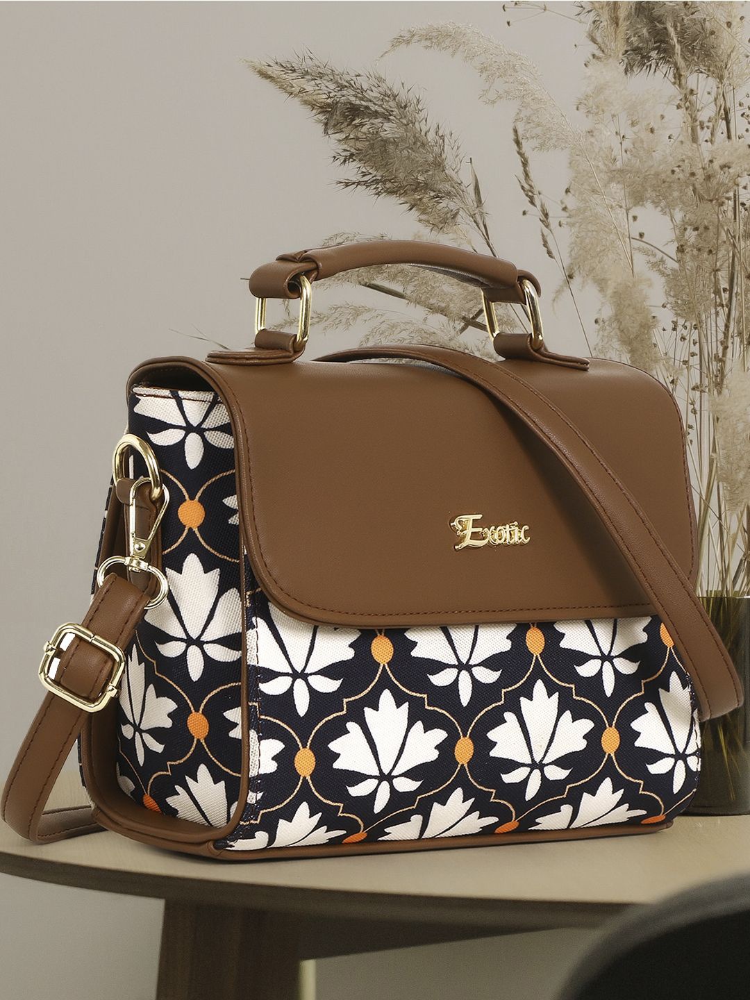 

Exotic Women Solid Printed Structured Handheld Bag, Brown