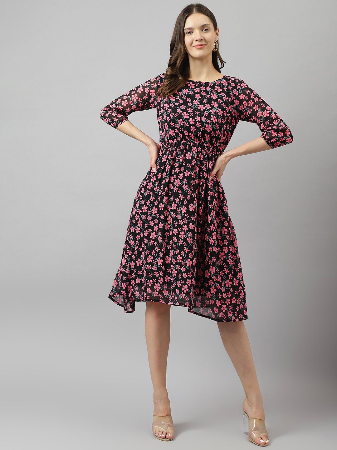 

TOOCHKI Woman Floral Print Georgette Fit & Flare Dress, Black