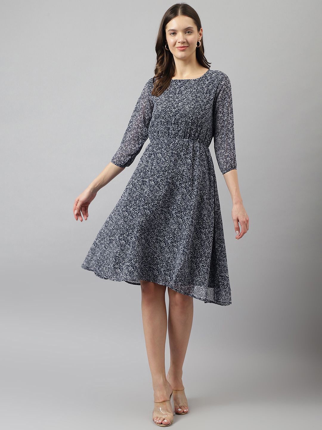 TOOCHKI Printed Georgette Fit & Flare Dress, Navy blue