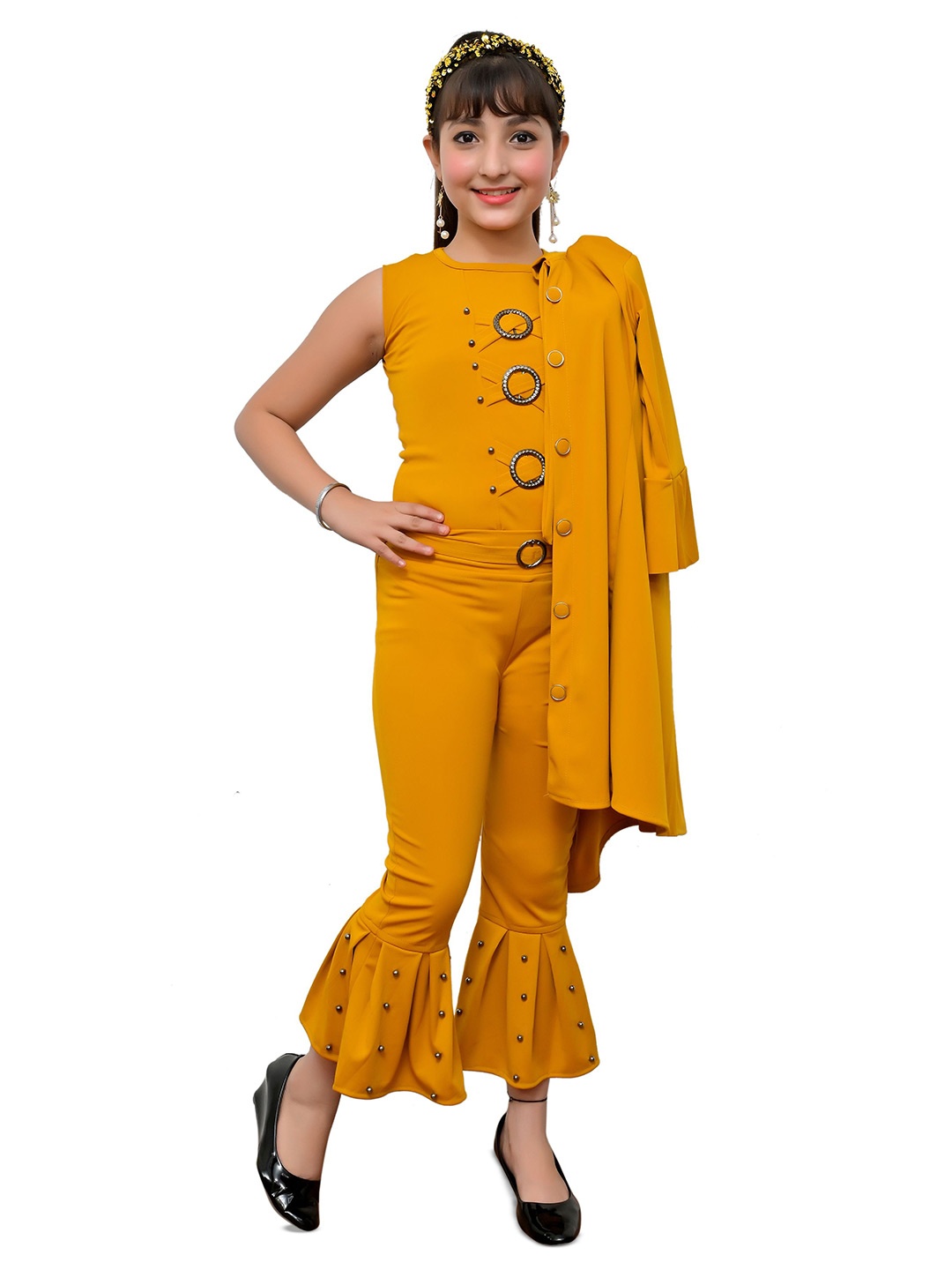 

Elendra jeans Girls Self Design Top With Trousers & Shrug, Yellow