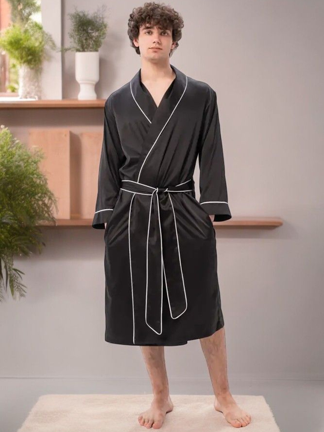 

Bella Babe by SK Men V-Neck Long Sleeve Robe With Belt, Black