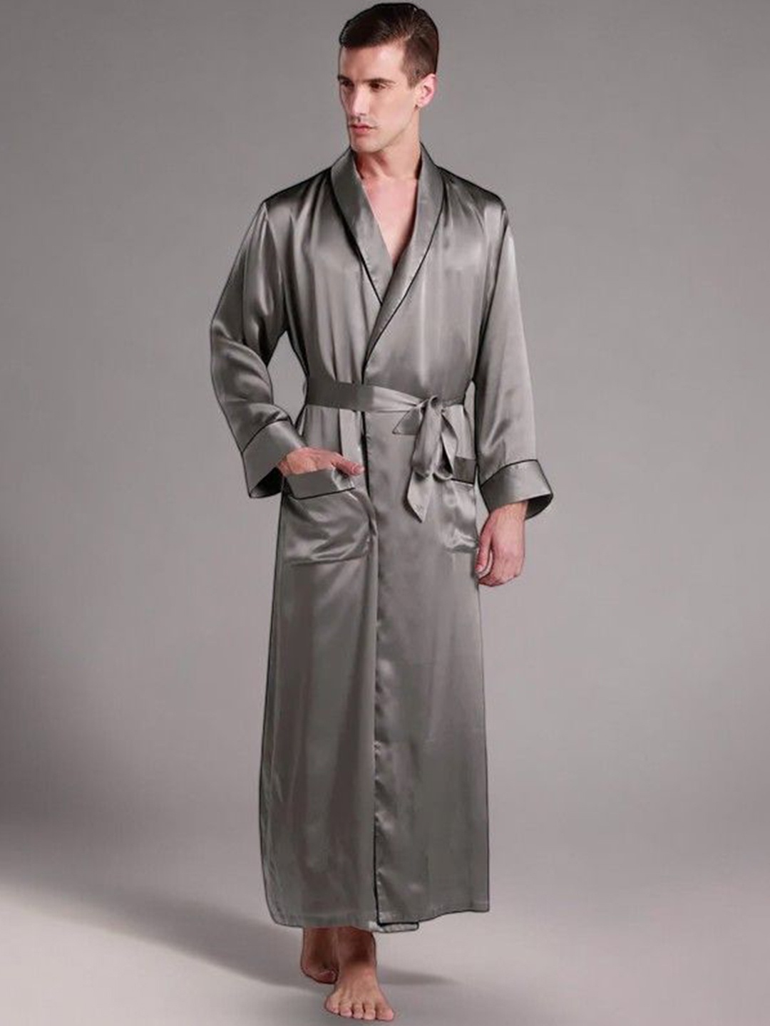 

Bella Babe by SK Men V-Neck Maxi Robe, Grey