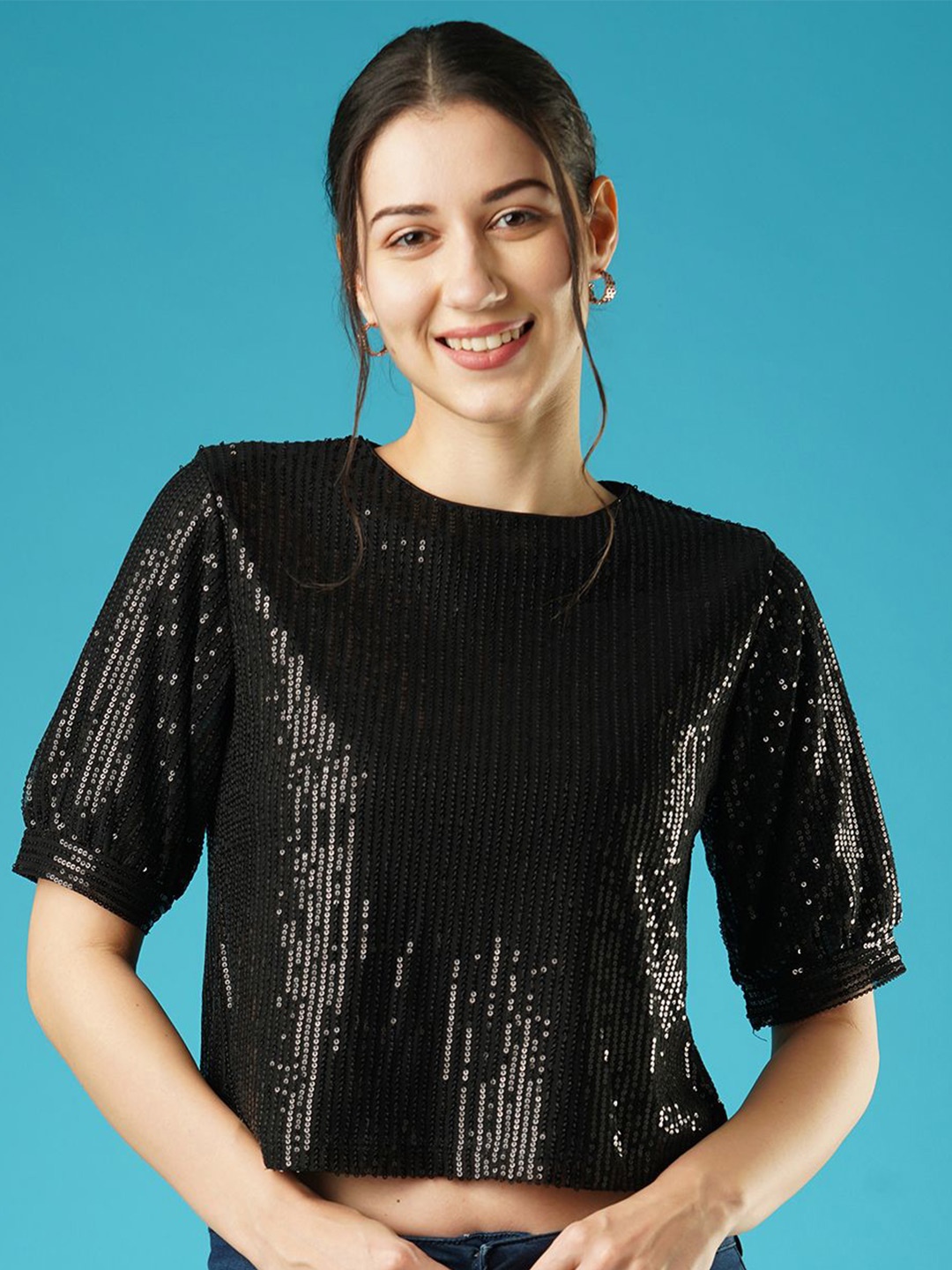 

Globus Round Neck Puff Sleeves Sequined Party Top, Black