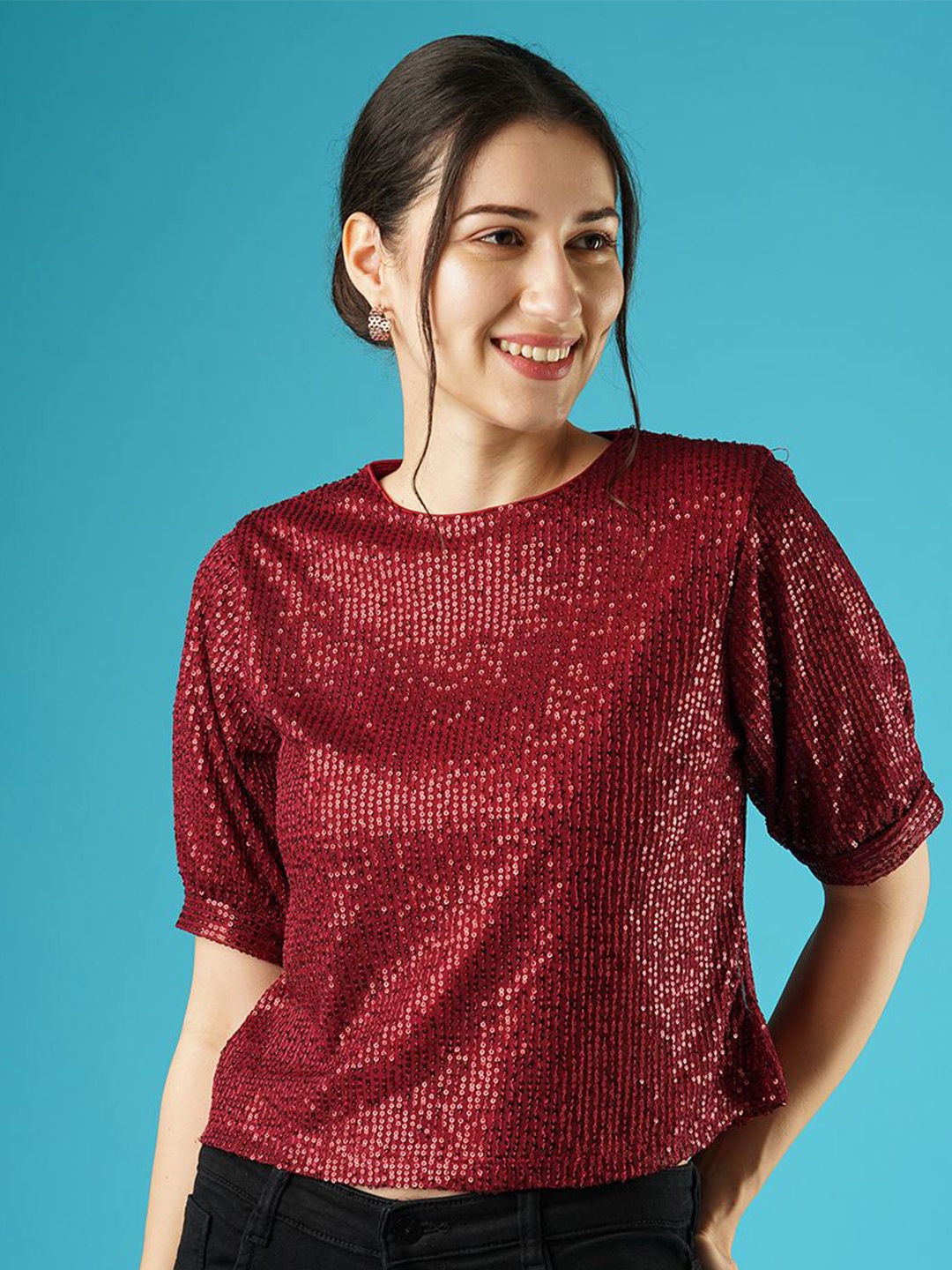 

Globus Round Neck Puff Sleeves Sequined Party Top, Maroon