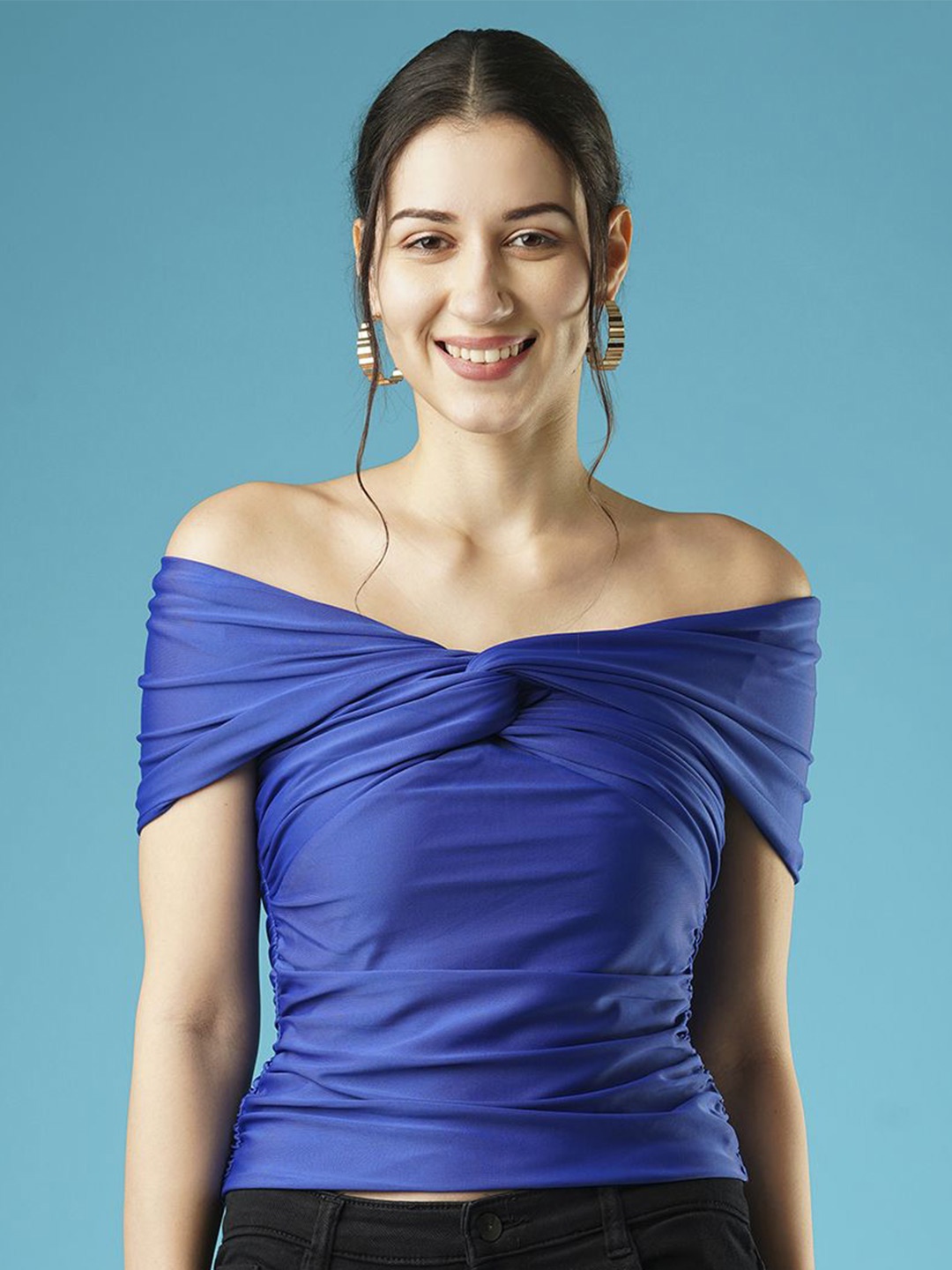 

Globus Solid Twisted & Ruched Side Detail Stretchable Party Bardot Top, Blue