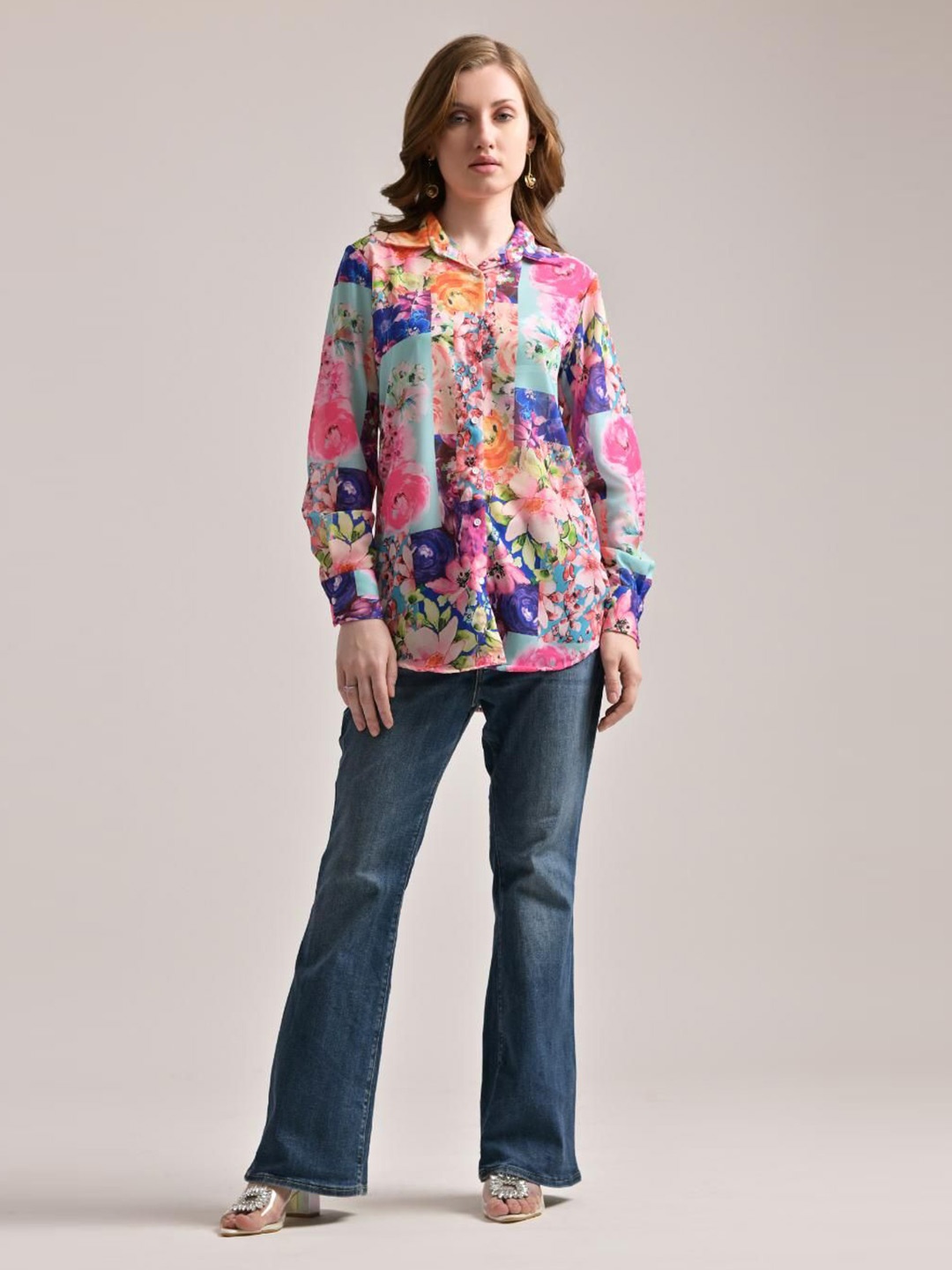 

The Samoa Floral Print Mandarin Collar Georgette Blouson Top, Pink