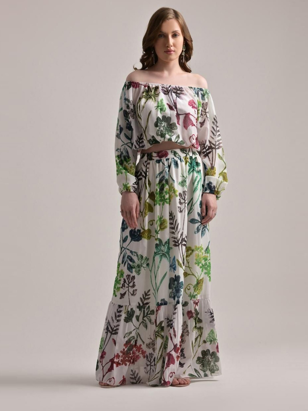 

The Samoa Floral Print Off-Shoulder Georgette Maxi Longline Top, White