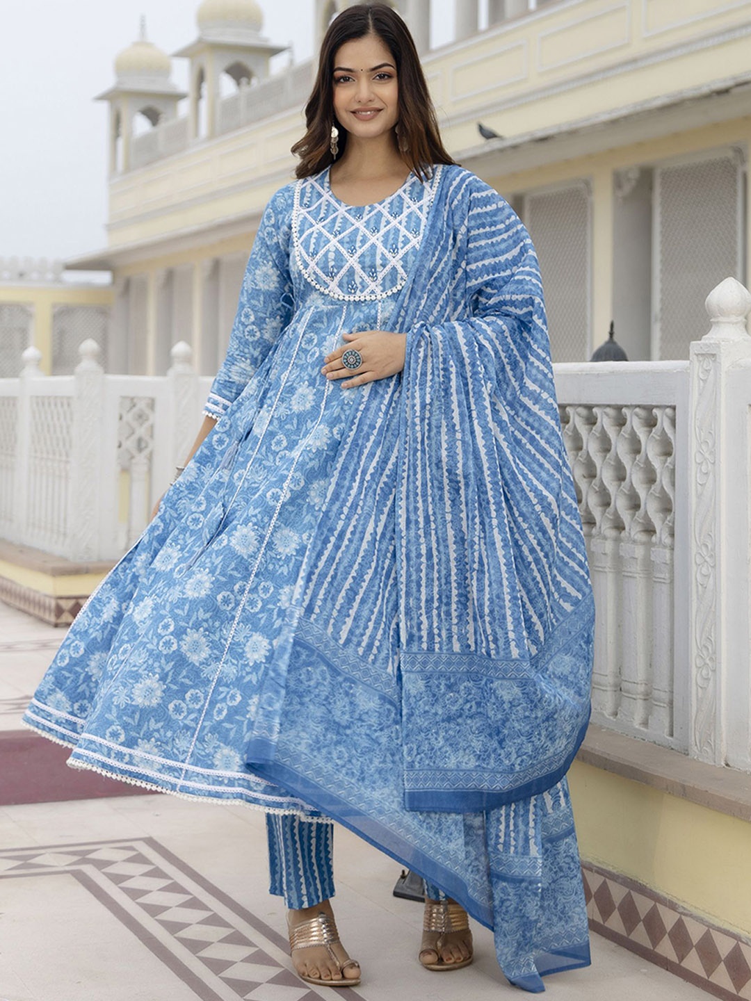 Anouk Floral Printed Pure Cotton Anarkali Kurta & Pyjamas With Dupatta, Blue