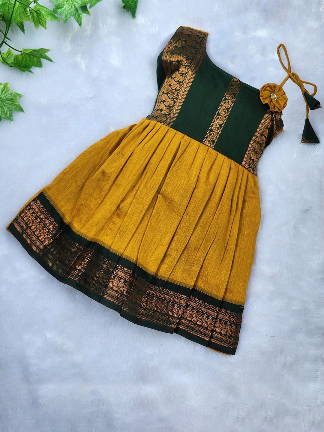

BAESD Girls Floral Self Design One Shoulder Cotton Fit & Flare Ethnic Dress, Mustard