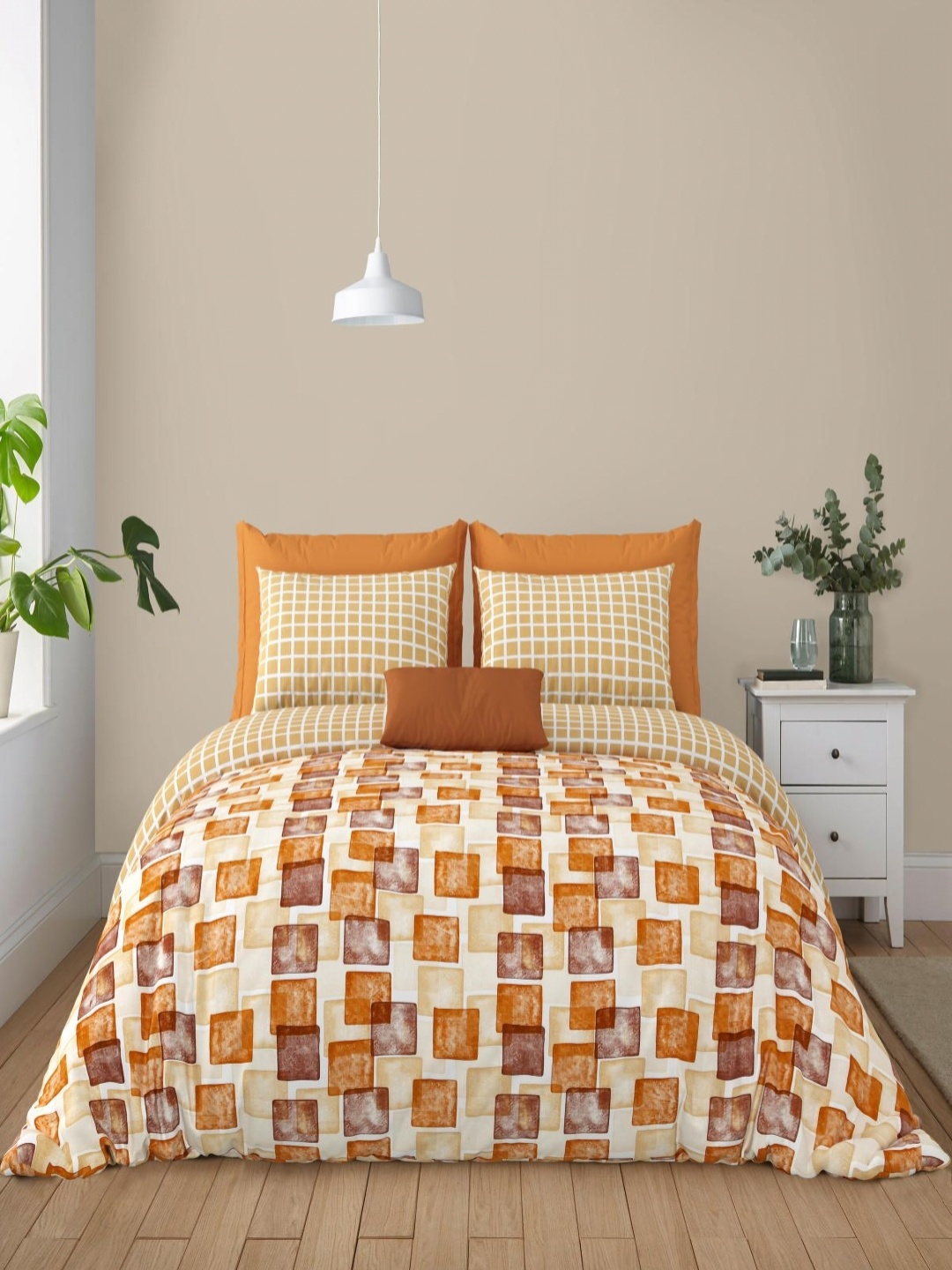 

Salona Bichona Brown & Beige 4 Pieces Geometric Cotton Double King Superfine Bedding Set