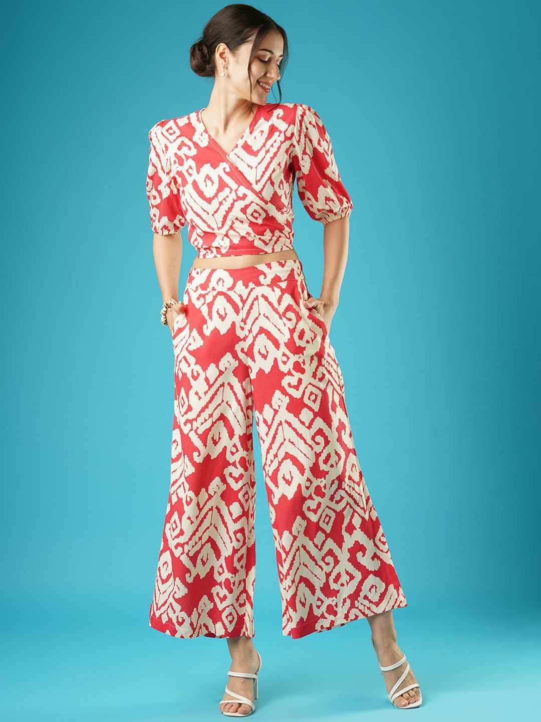 

Globus Abstract Print Wrap Neck Tie-Back Top & Palazzos Co-Ord Set, Red