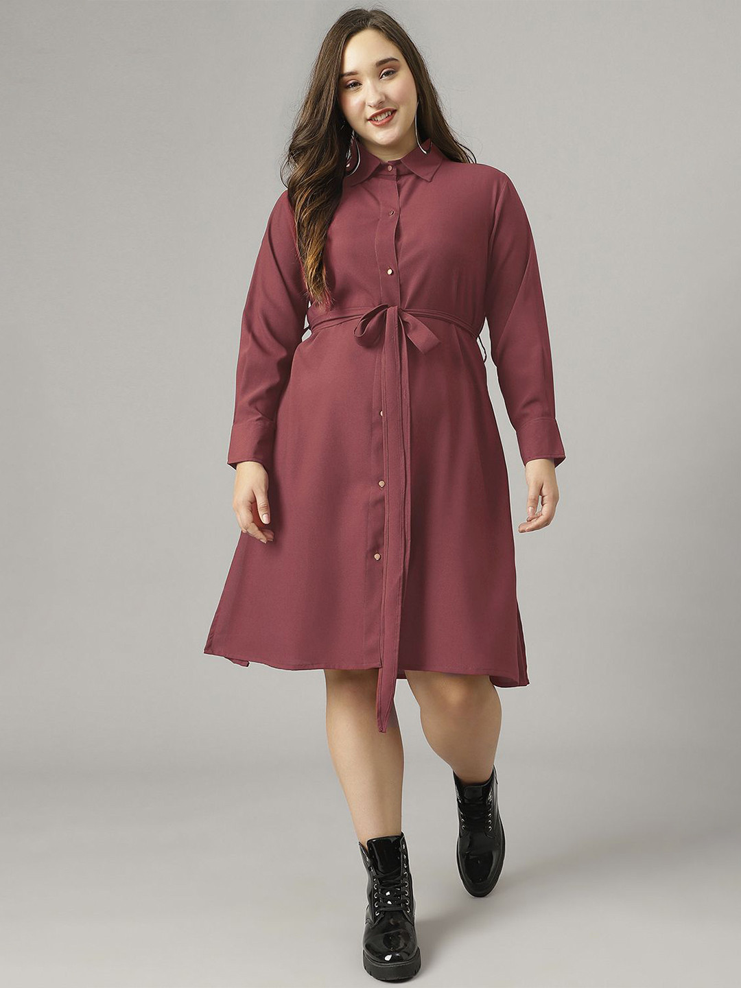 

Curvy Lane Plus Size Long Sleeves Shirt Dress With Belt, Pink