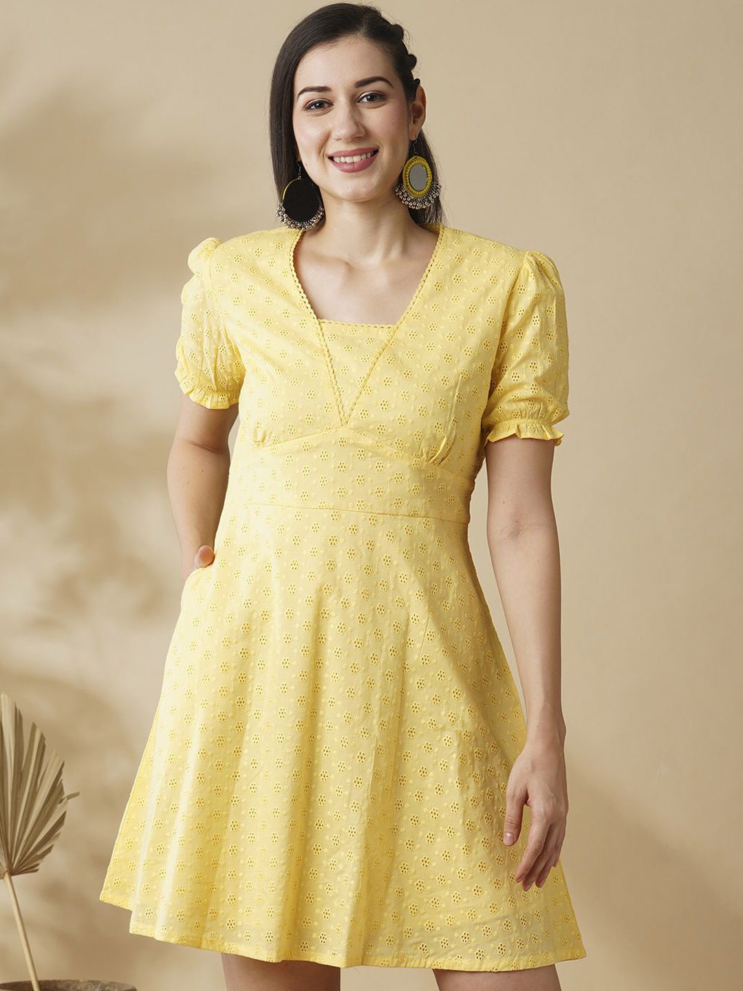 

Globus V Neck Self-Design Schiffli Cotton Fit & Flared Dress, Yellow