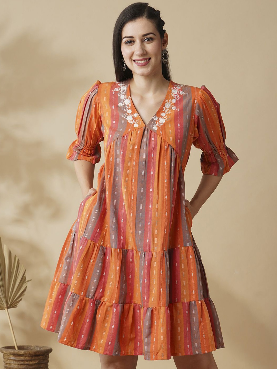 

Globus Floral Embroidered V-Neck Puff Sleeves Knee Length Tiered Fusion A-Line Dress, Orange