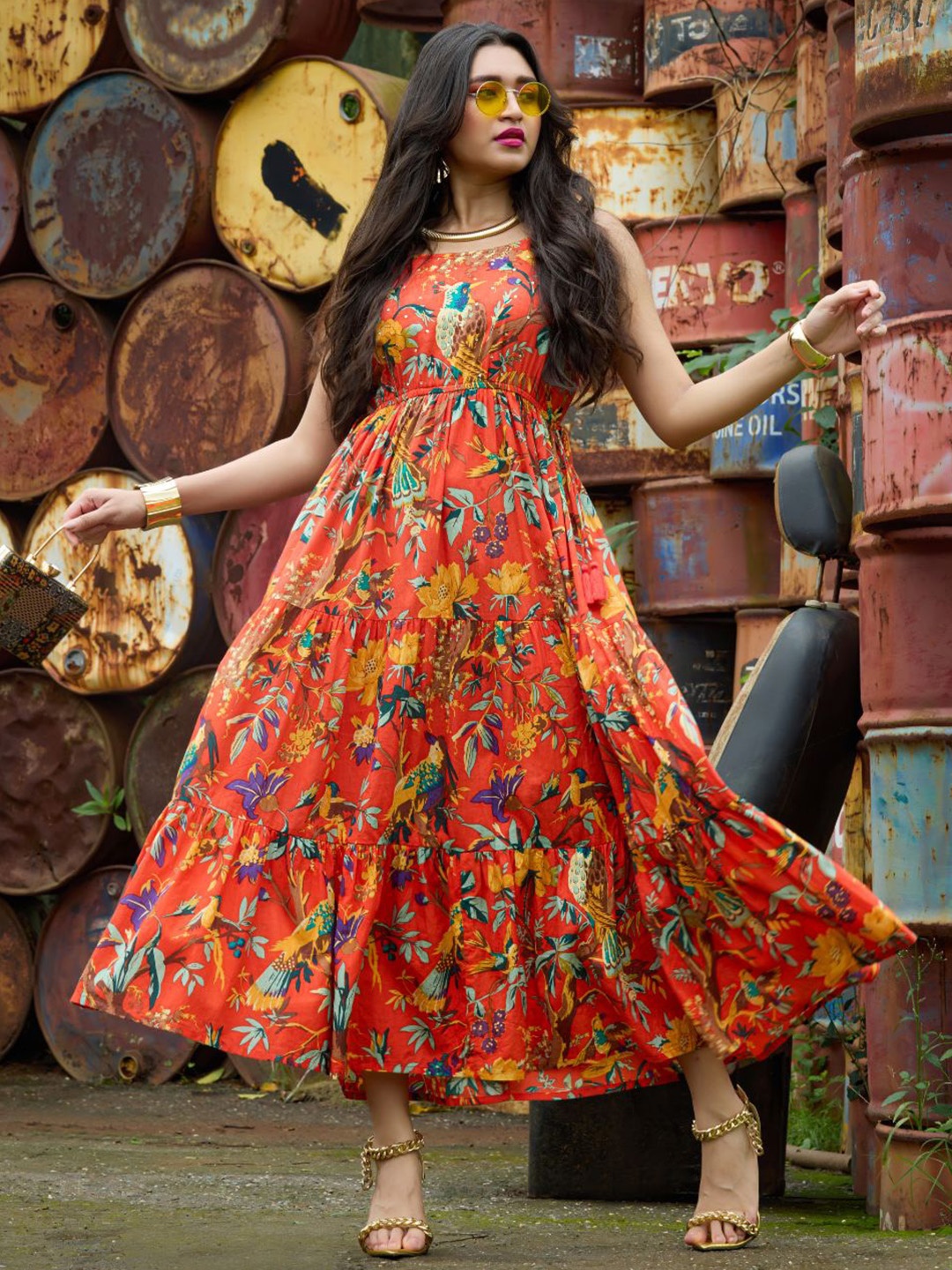 

Globus All Over Floral Print Strappy Sleeves Waist Tie-Up Fit & Flare Fusion Maxi Dress, Orange