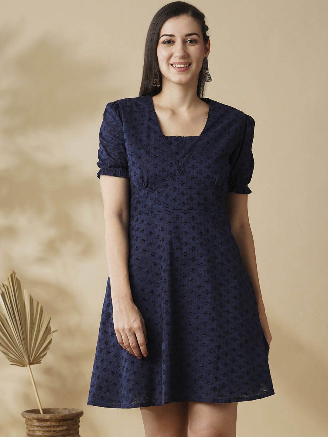 

Globus Self-Design V-Neck Puff Sleeves Flared Hem A-Line Fusion Dress, Navy blue