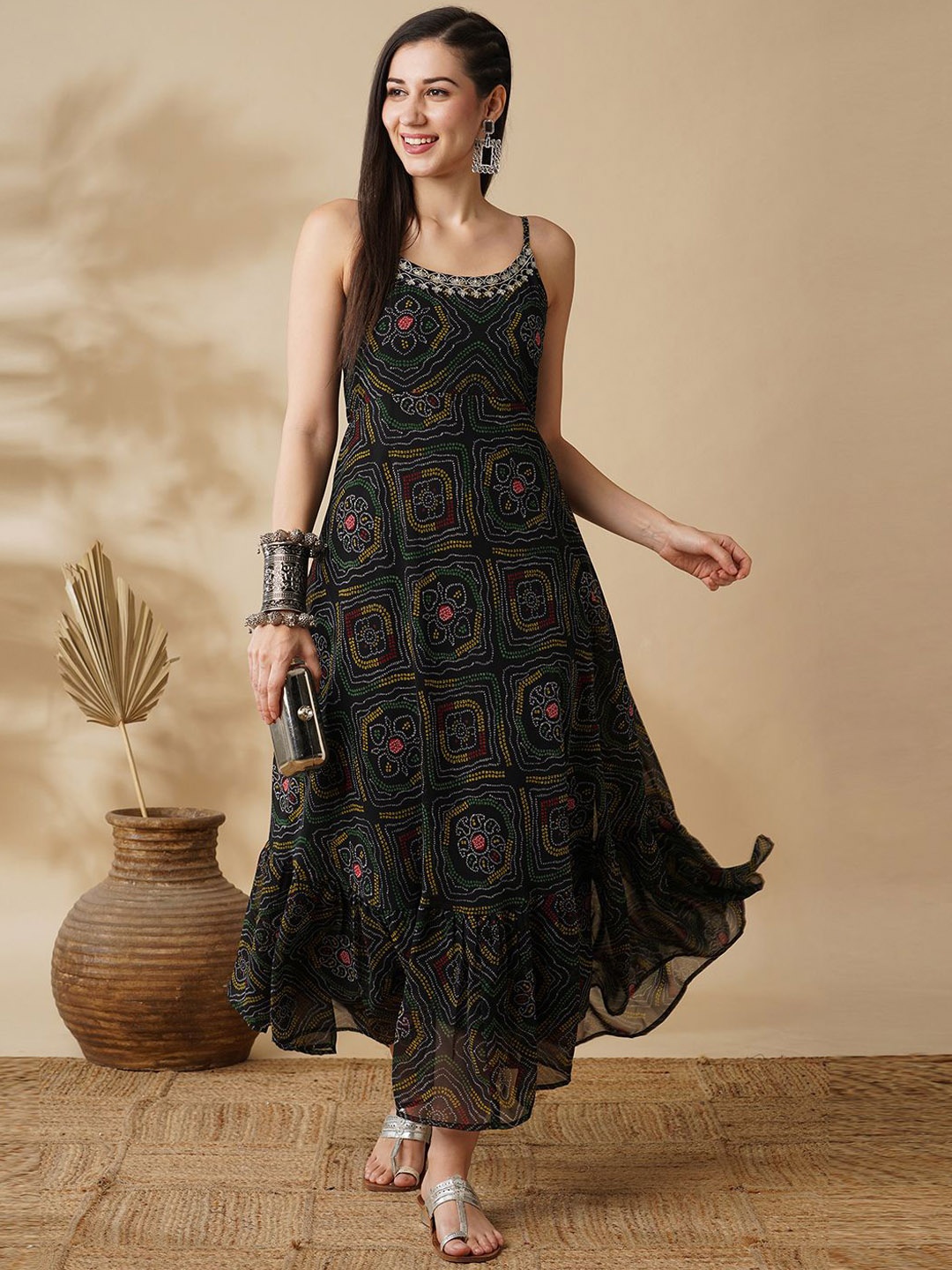 

Globus Strappy Shoulder Bandhani Print Fit & Flare Fusion Maxi Dress, Black