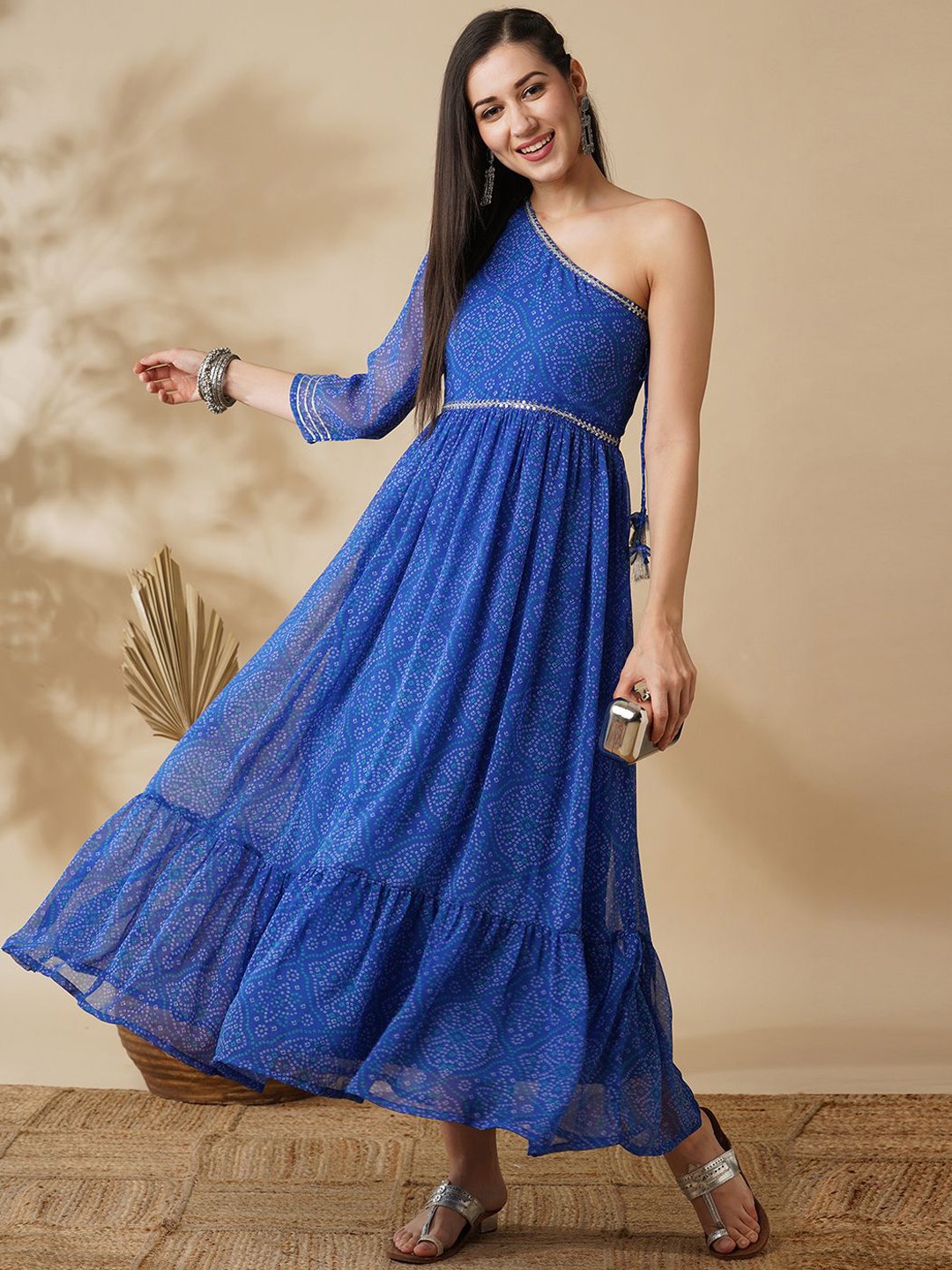 

Globus Bandhani Print & Embroidered One Shoulder Fit & Flared Maxi Dress, Blue