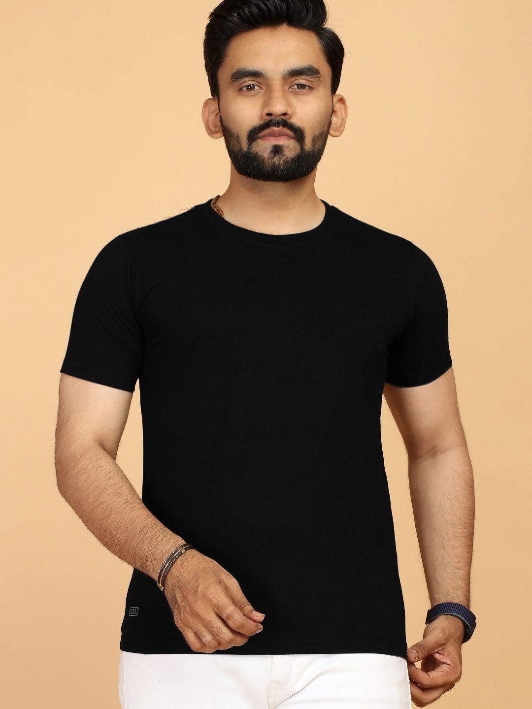 

STI Men Round-Neck Extended Sleeves solid cotton T-shirt, Black