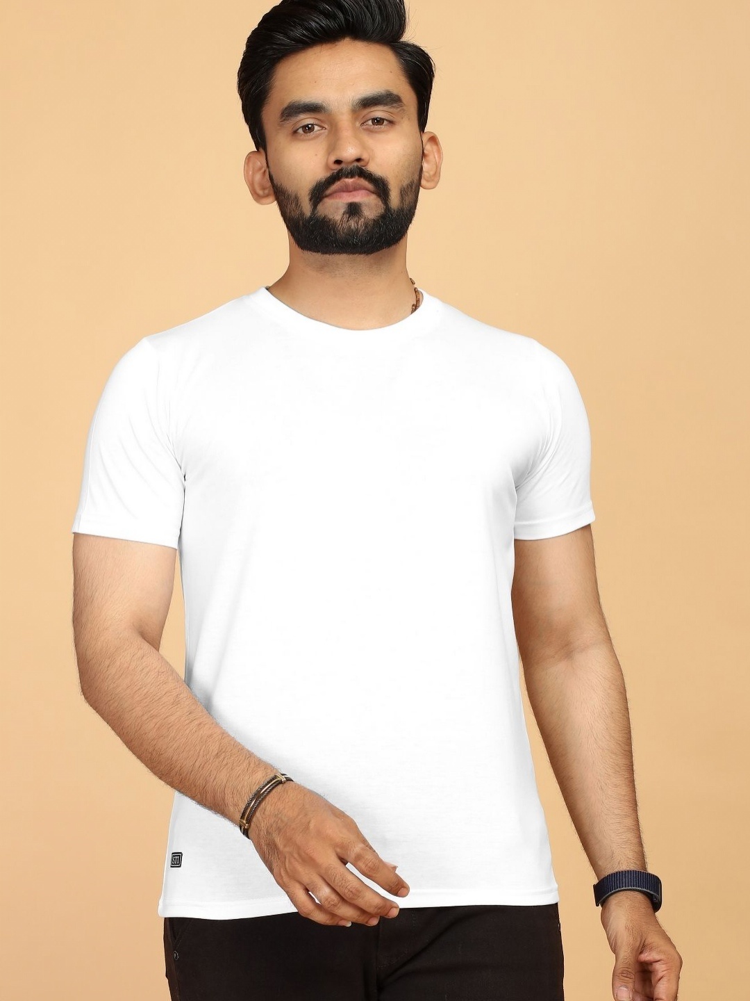 

STI Men Raw Edge Cotton Solid T-shirt, White