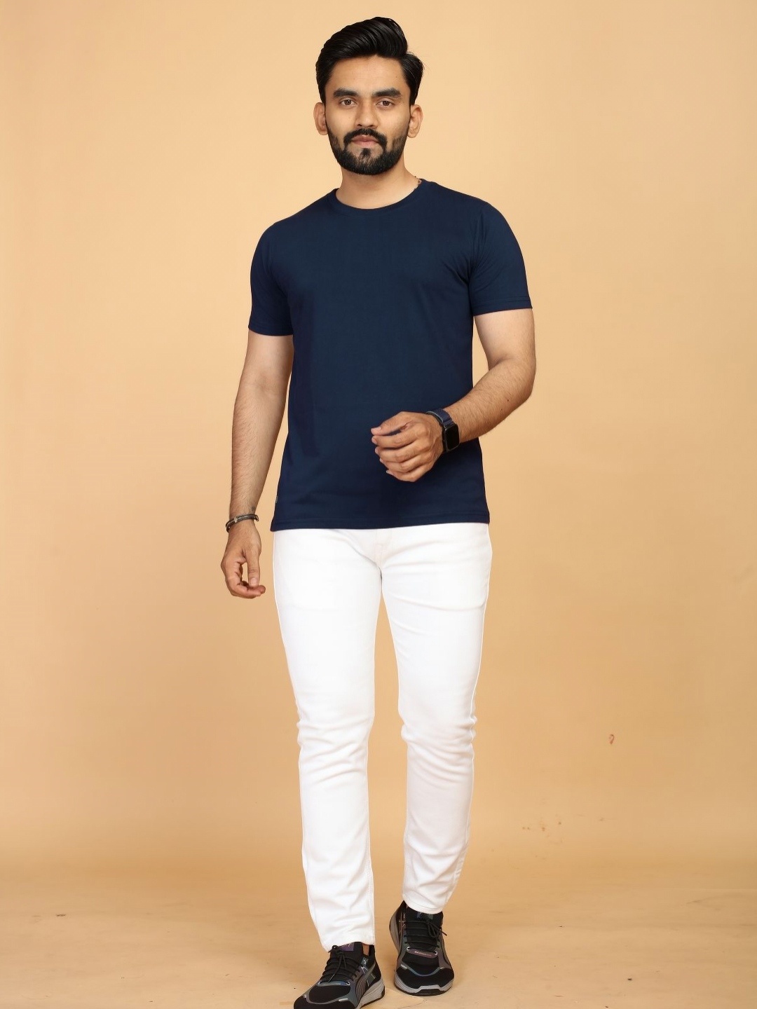 

STI Men Round -Neck cotton solid T-shirt, Navy blue