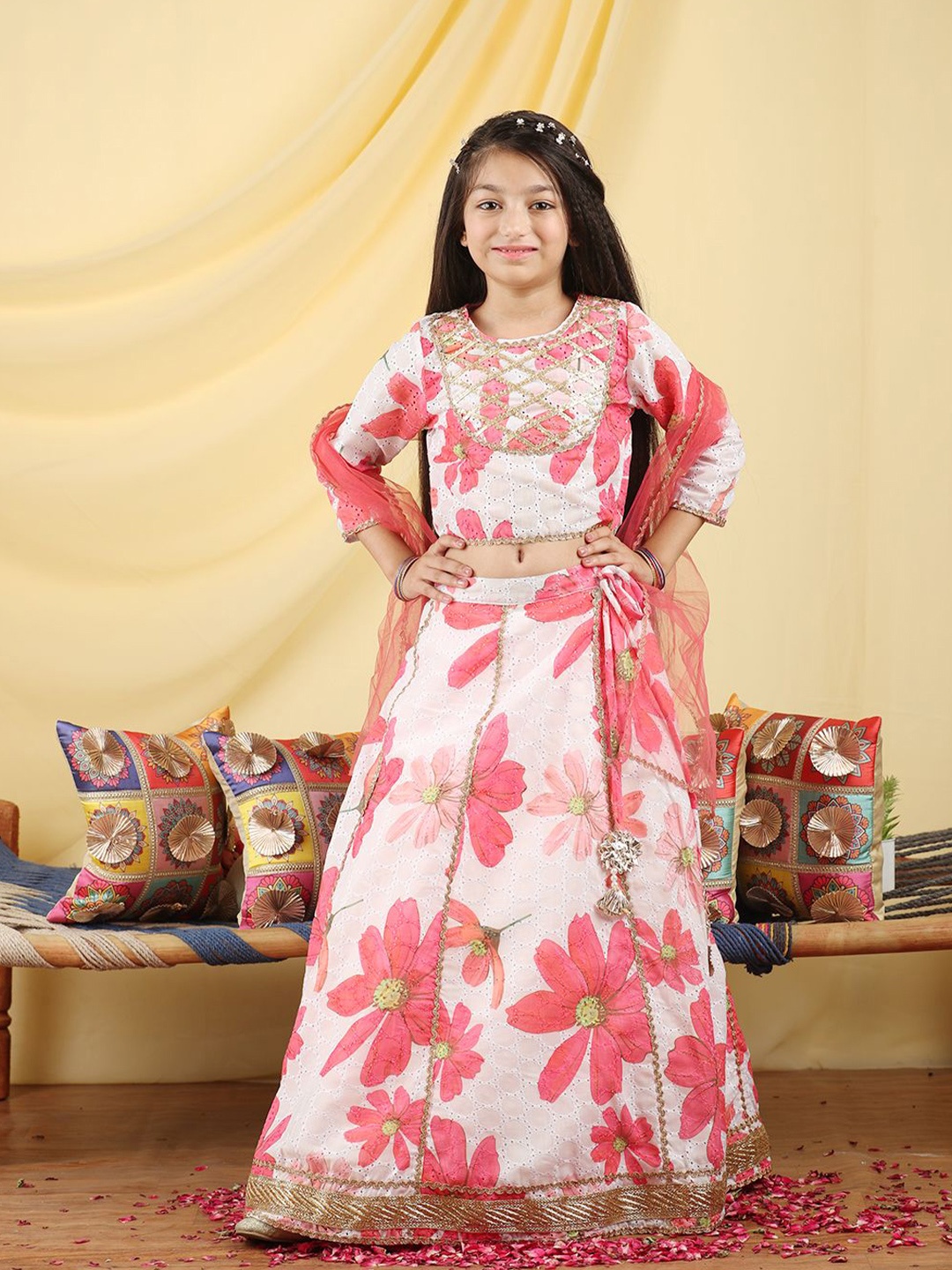 

Cutiekins Girls Embroidered Ready to Wear Lehenga & Blouse With Dupatta, Off white