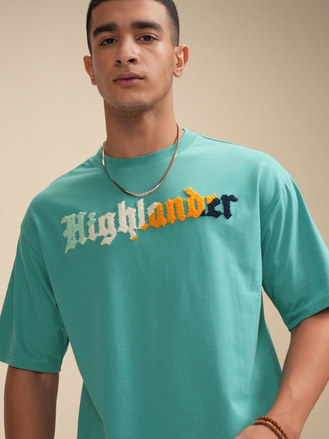 

HIGHLANDER Men Typography Printed Round -Neck Applique T-shirt, Sea green