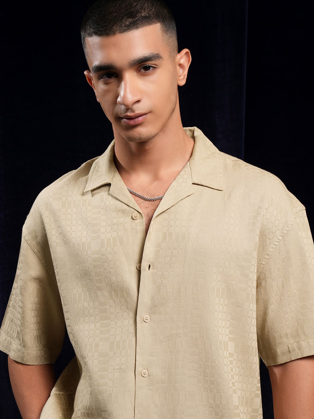 

HIGHLANDER Men Dobby Textured Solid Cuban Collar Oversized Shirt, Beige