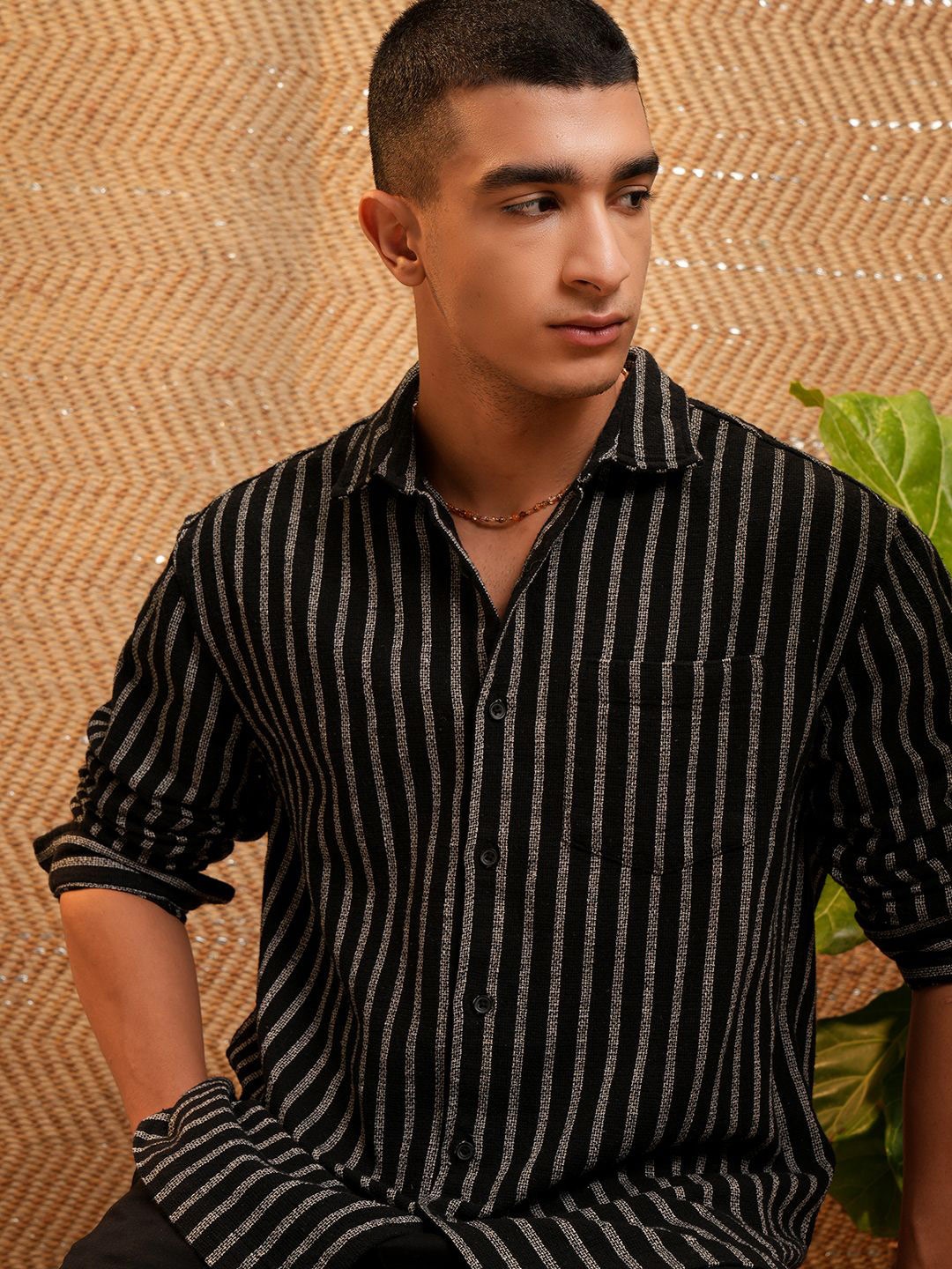 

HIGHLANDER Men Ecru Textured Dobby Striped Relaxed Shirt, Black
