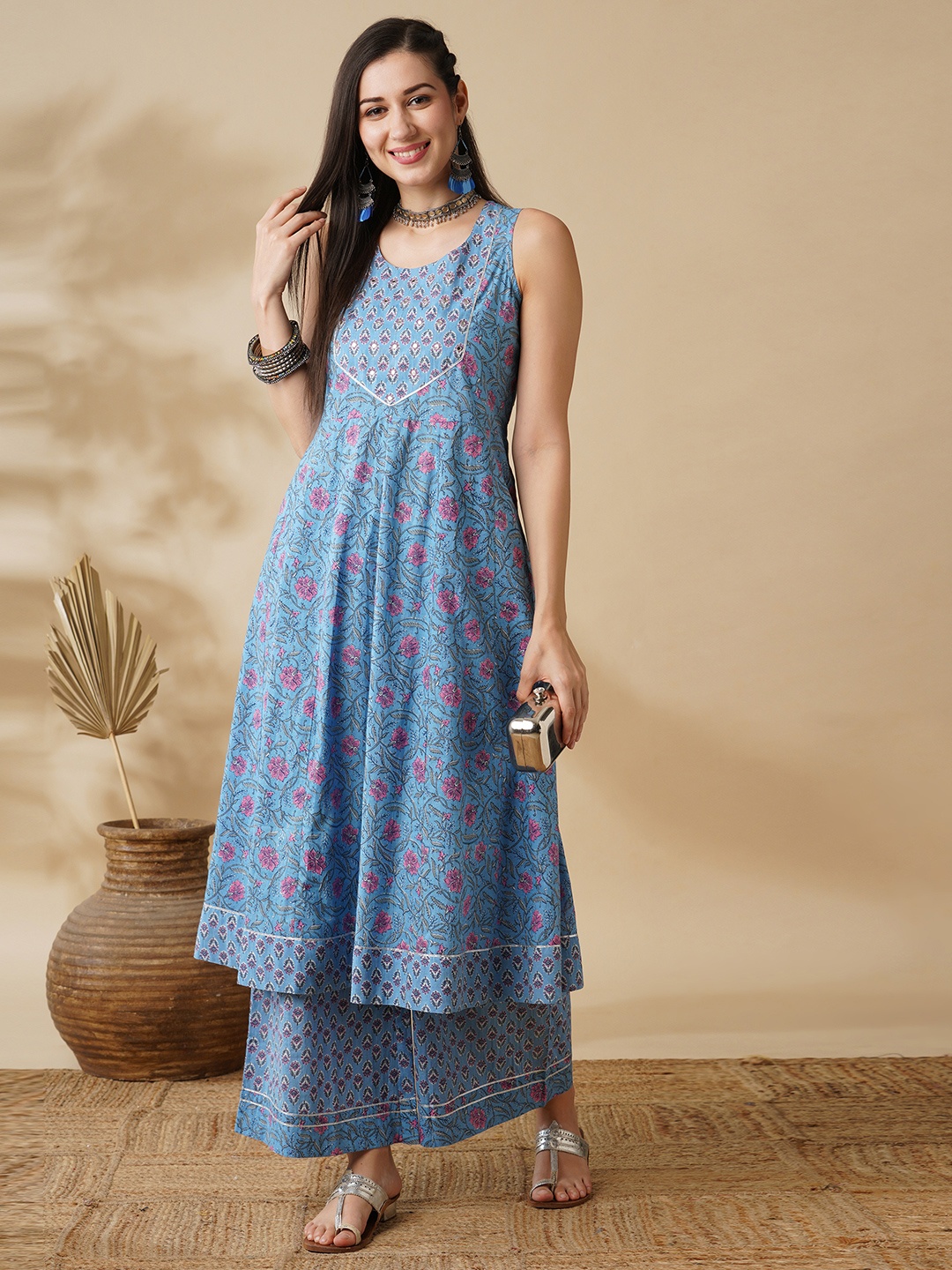 

Globus Blue & Pink Floral Printed Panelled Pure Cotton A Line Kurta with Palazzos