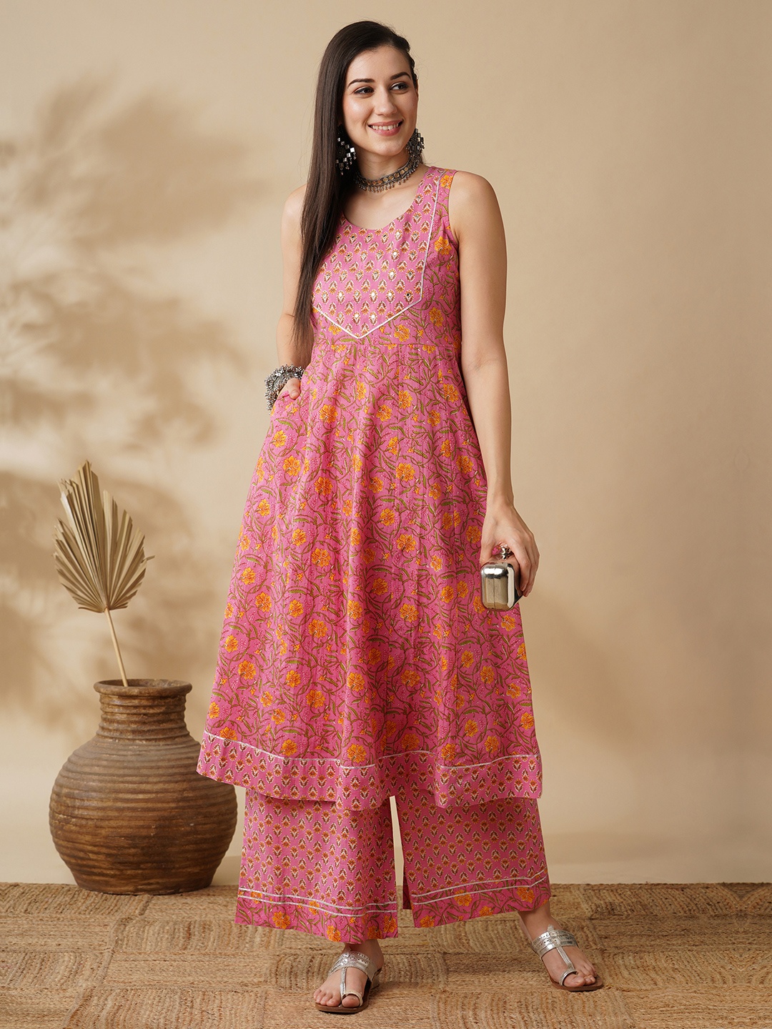 

Globus Pink & Yellow Floral Printed Mirror Work Pure Cotton A Line Kurta with Palazzos