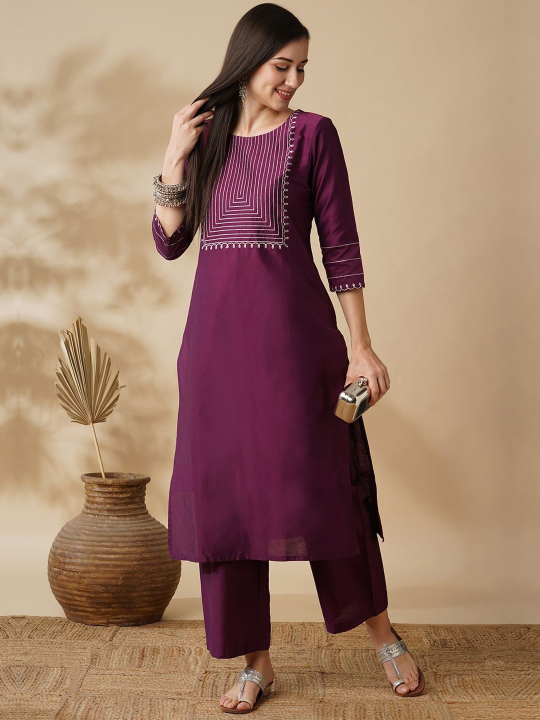 

Globus Purple Yoke Design Thread Work Straight Kurta with Trousers