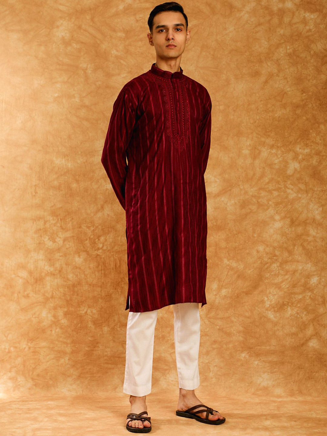 

House of Chikankari Embroidered Woven Kurta, Maroon