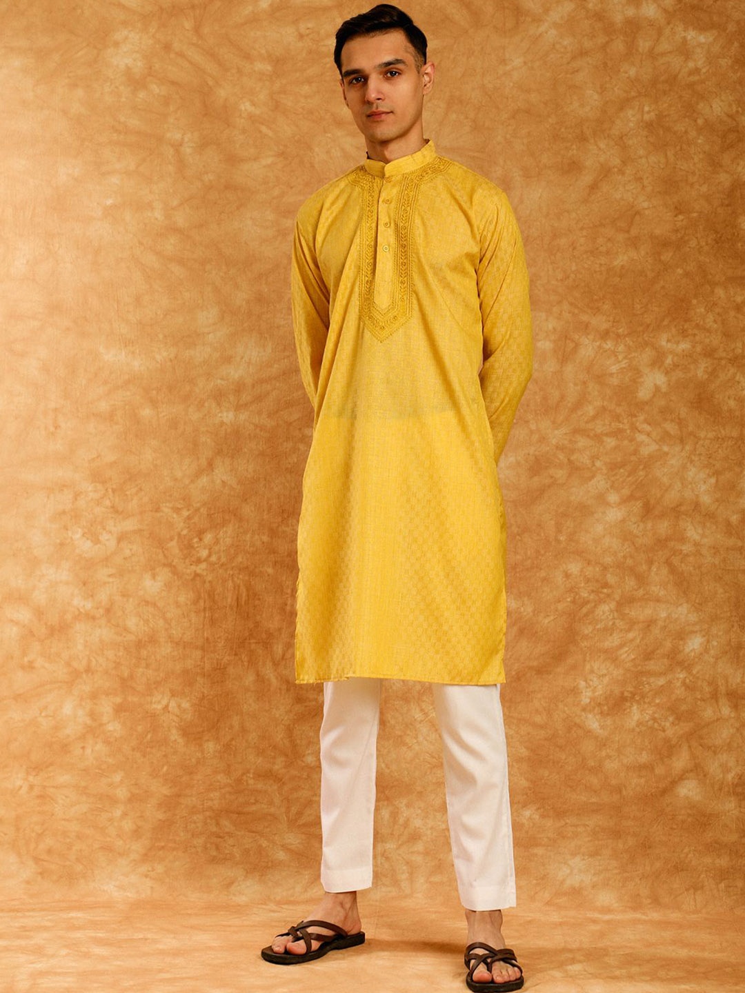

House of Chikankari Embroidered Woven Kurta, Yellow