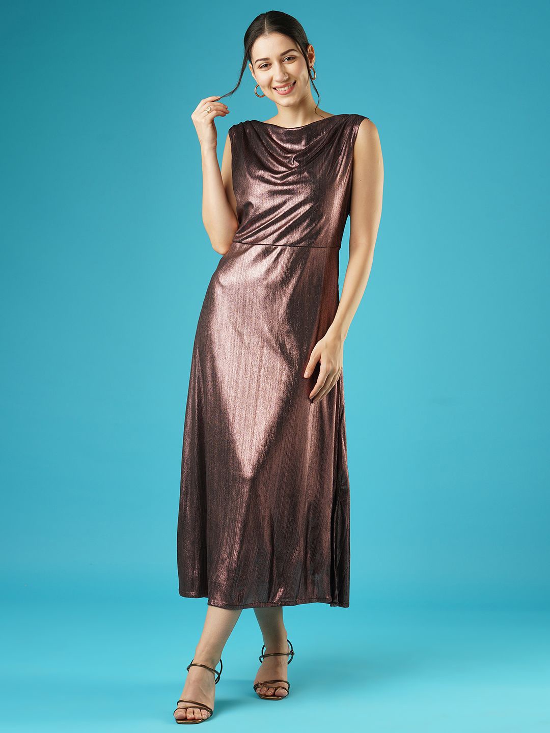 

Globus Shiny Cowl Neck Side Slit Knitted A-Line Midi Party Dress, Rust