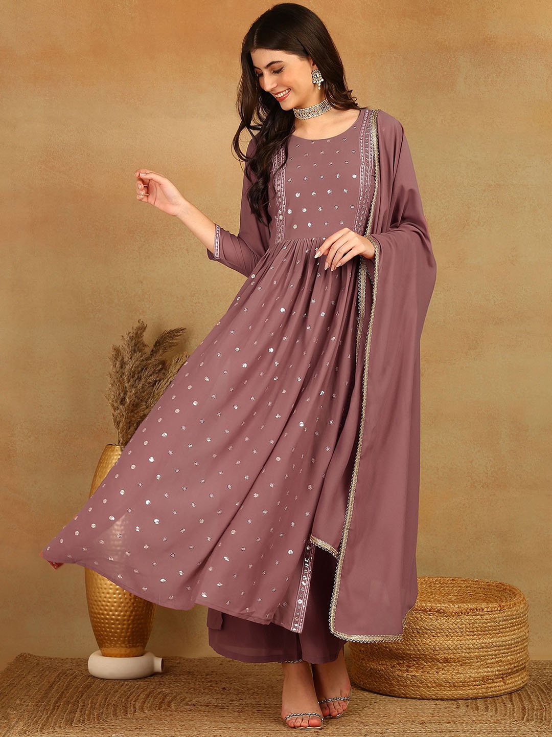 

AHIKA Embroidered Pleated Sequinned Kurta with Palazzos & Dupatta, Mauve