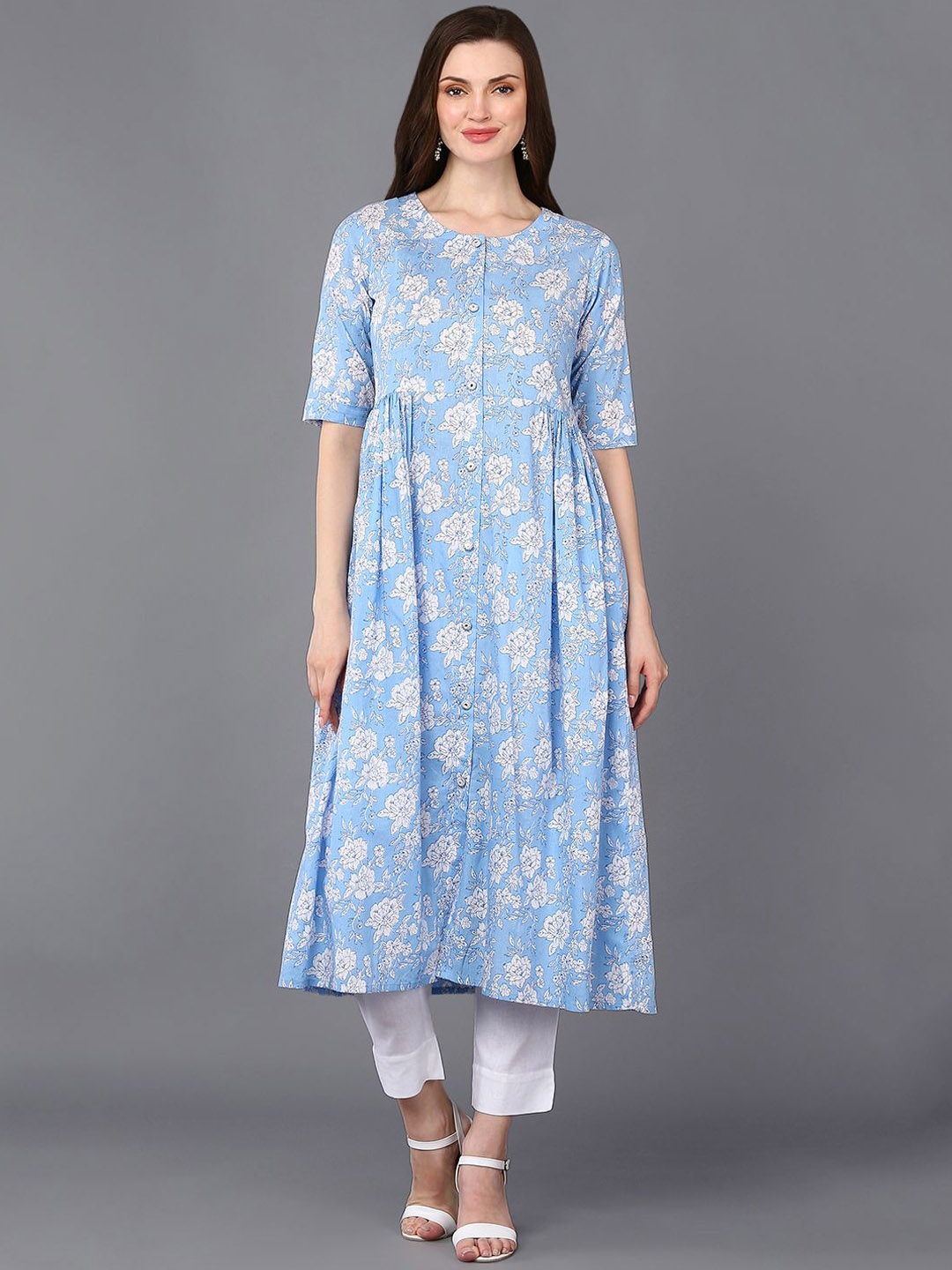 

KALINI Floral Printed Round Neck Cotton A Line Kurta, Blue