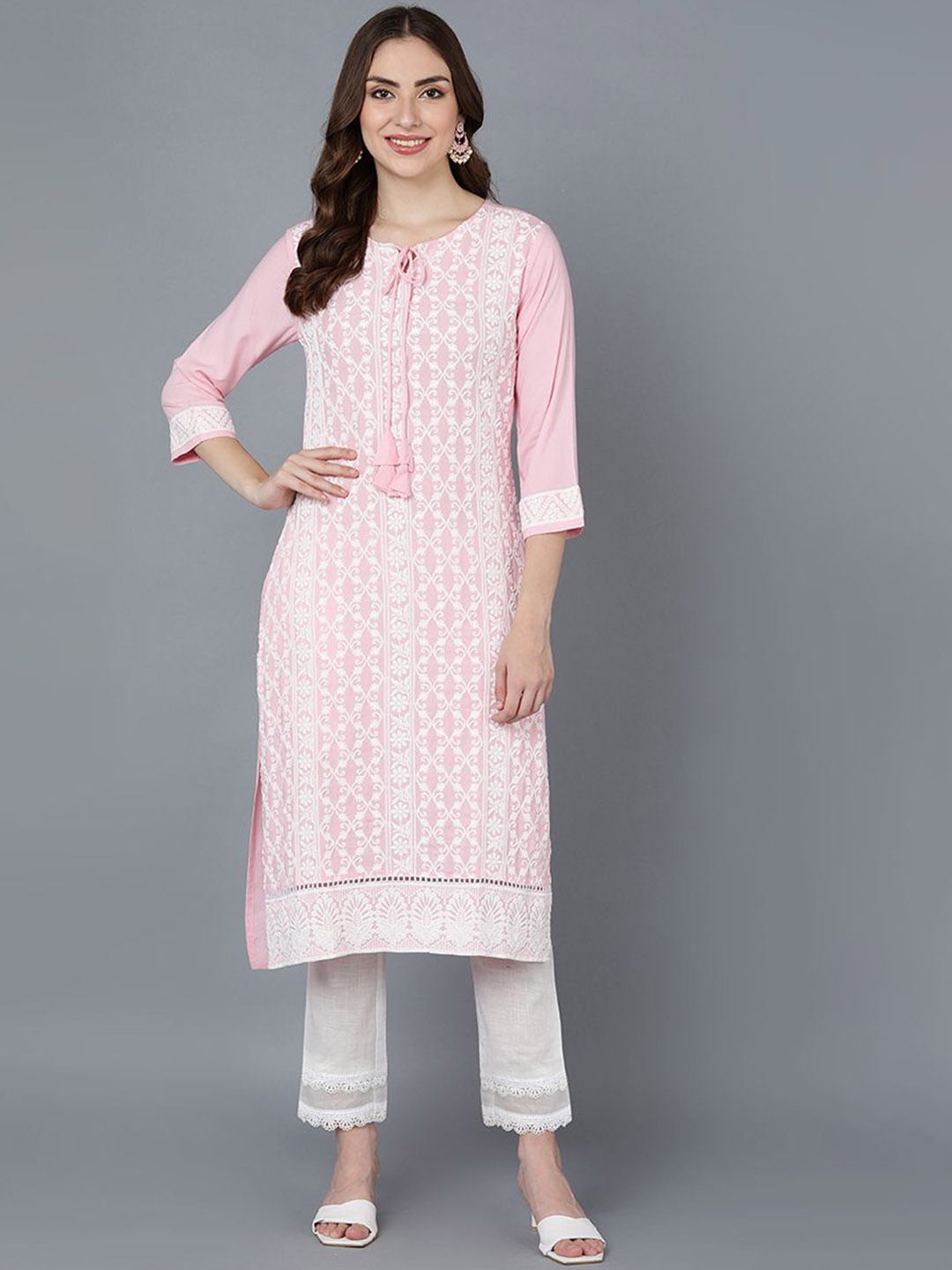 

KALINI Floral Embroidered Thread Work Keyhole Neck Straight Kurta, Pink