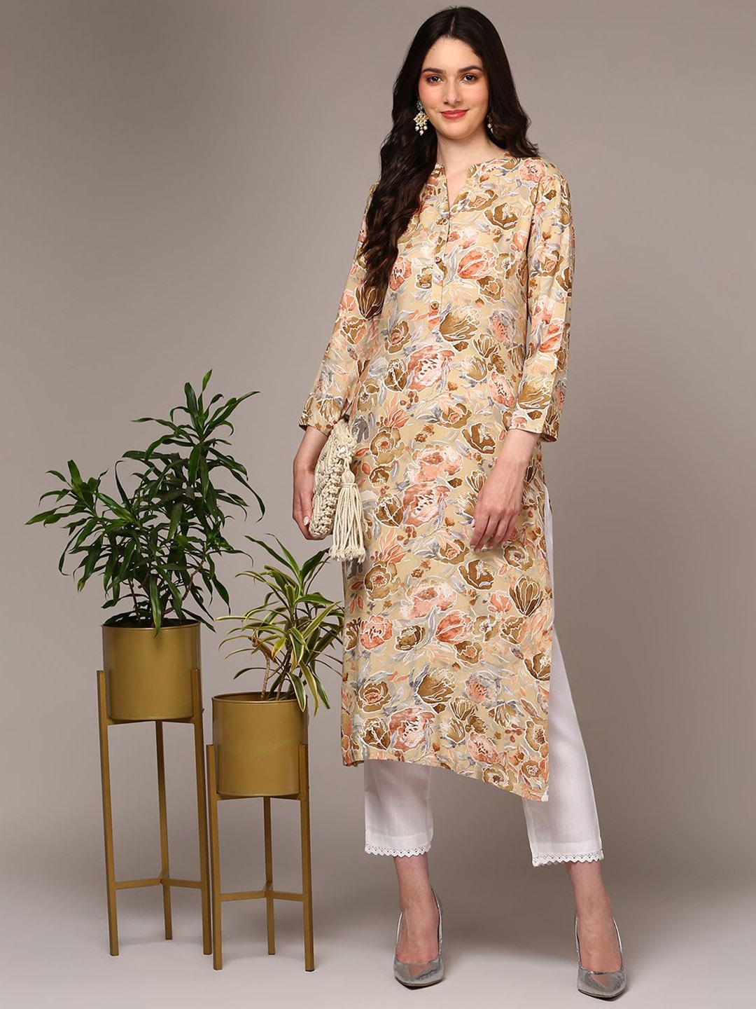 

KALINI Floral Printed Mandarin Collar Straight Kurta, Beige